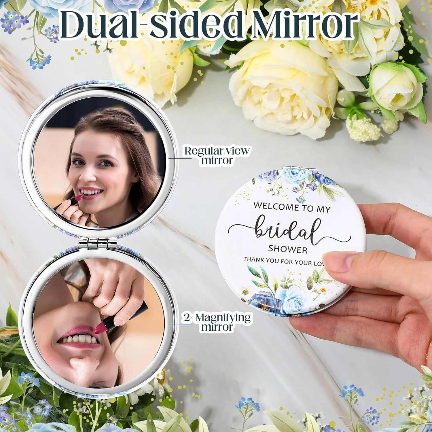 30 ست هدیه یادبود جشن عروسی XunYee برای مهمانان، آینه آرایشی با طرح گل، آینه جیبی چرمی، کارت تشکر عروس با کیسه های توری، هدیه ساقدوش عروس، لوازم جشن عروسی (آبی)