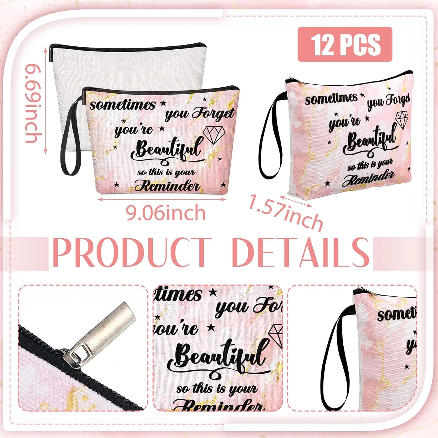 ژونیه 24 عددی هدیه های الهام بخش برای زنان، 12 عدد کیف آرایشی بوم انگیزه بخش، 12 عدد آینه جیبی گرد قابل حمل با نوشته "تو زیبا هستی"، هدیه های قدردانی عالی برای همکار، هفته CNA، رزگلد