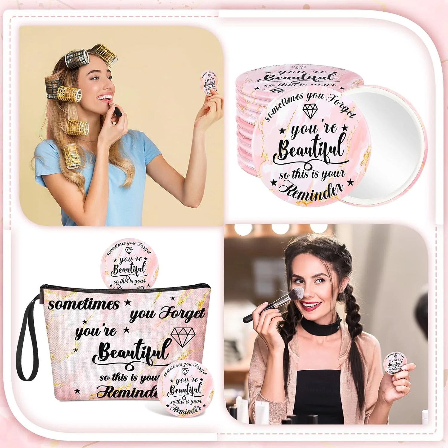 ژونیه 24 عددی هدیه های الهام بخش برای زنان، 12 عدد کیف آرایشی بوم انگیزه بخش، 12 عدد آینه جیبی گرد قابل حمل با نوشته "تو زیبا هستی"، هدیه های قدردانی عالی برای همکار، هفته CNA، رزگلد