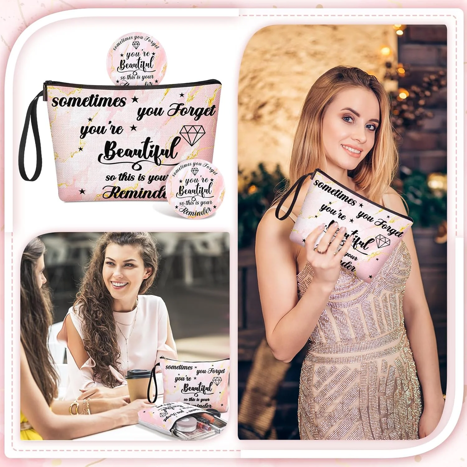 ژونیه 24 عددی هدیه های الهام بخش برای زنان، 12 عدد کیف آرایشی بوم انگیزه بخش، 12 عدد آینه جیبی گرد قابل حمل با نوشته "تو زیبا هستی"، هدیه های قدردانی عالی برای همکار، هفته CNA، رزگلد