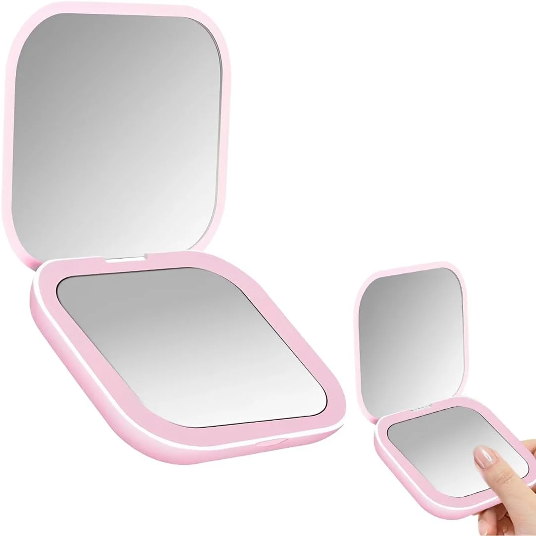 آینه آرایشی LED تاشو WUSJCOF با بزرگنمایی، آینه مسافرتی شارژی با نور، بزرگنمایی 2 برابر (صورتی) آینه آرایشی LED تاشو WUSJCOF با بزرگنمایی، آینه مسافرتی شارژی با نور، بزرگنمایی 2 برابر (صورتی)