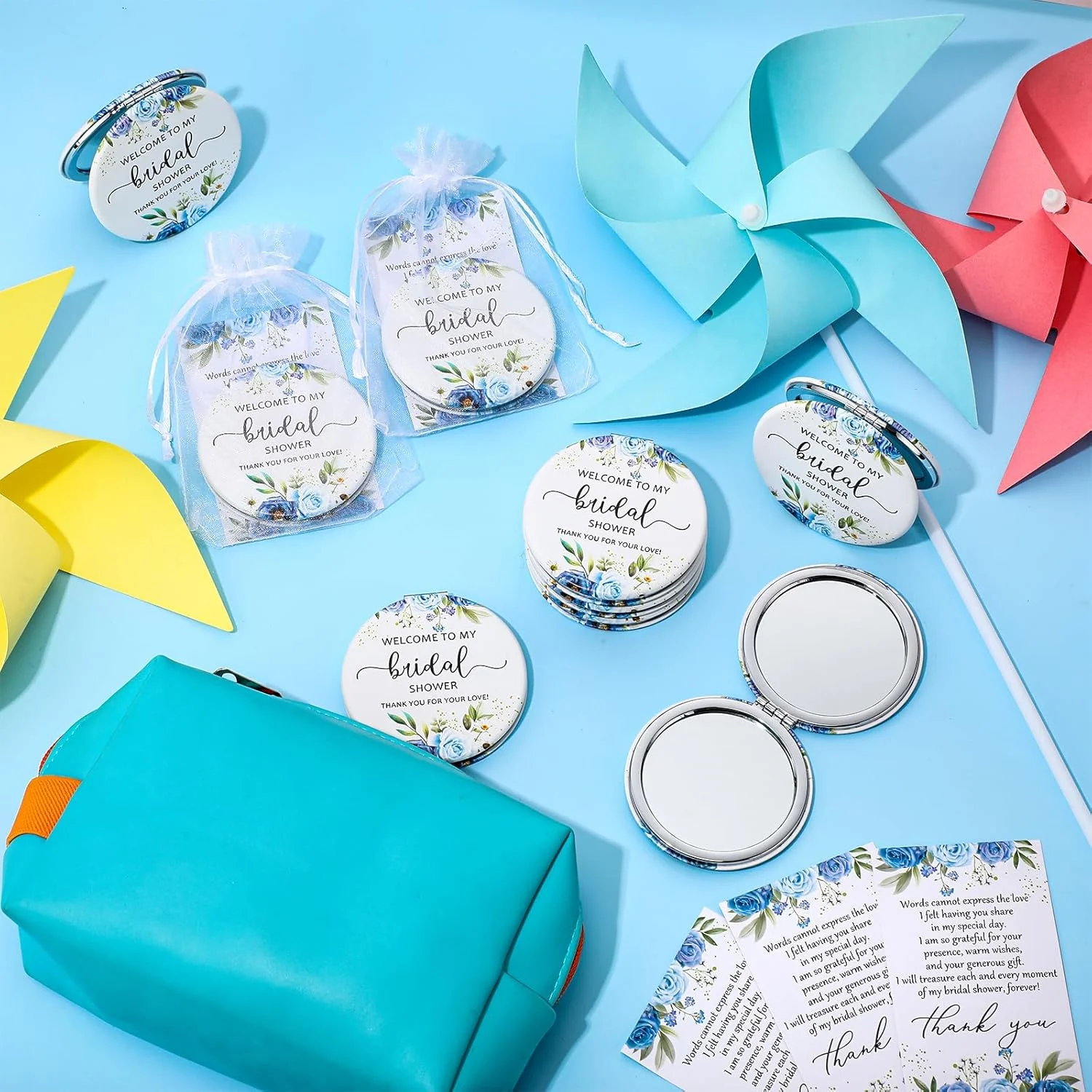 30 ست هدیه یادبود جشن عروسی XunYee برای مهمانان، آینه آرایشی با طرح گل، آینه جیبی چرمی، کارت تشکر عروس با کیسه های توری، هدیه ساقدوش عروس، لوازم جشن عروسی (آبی)