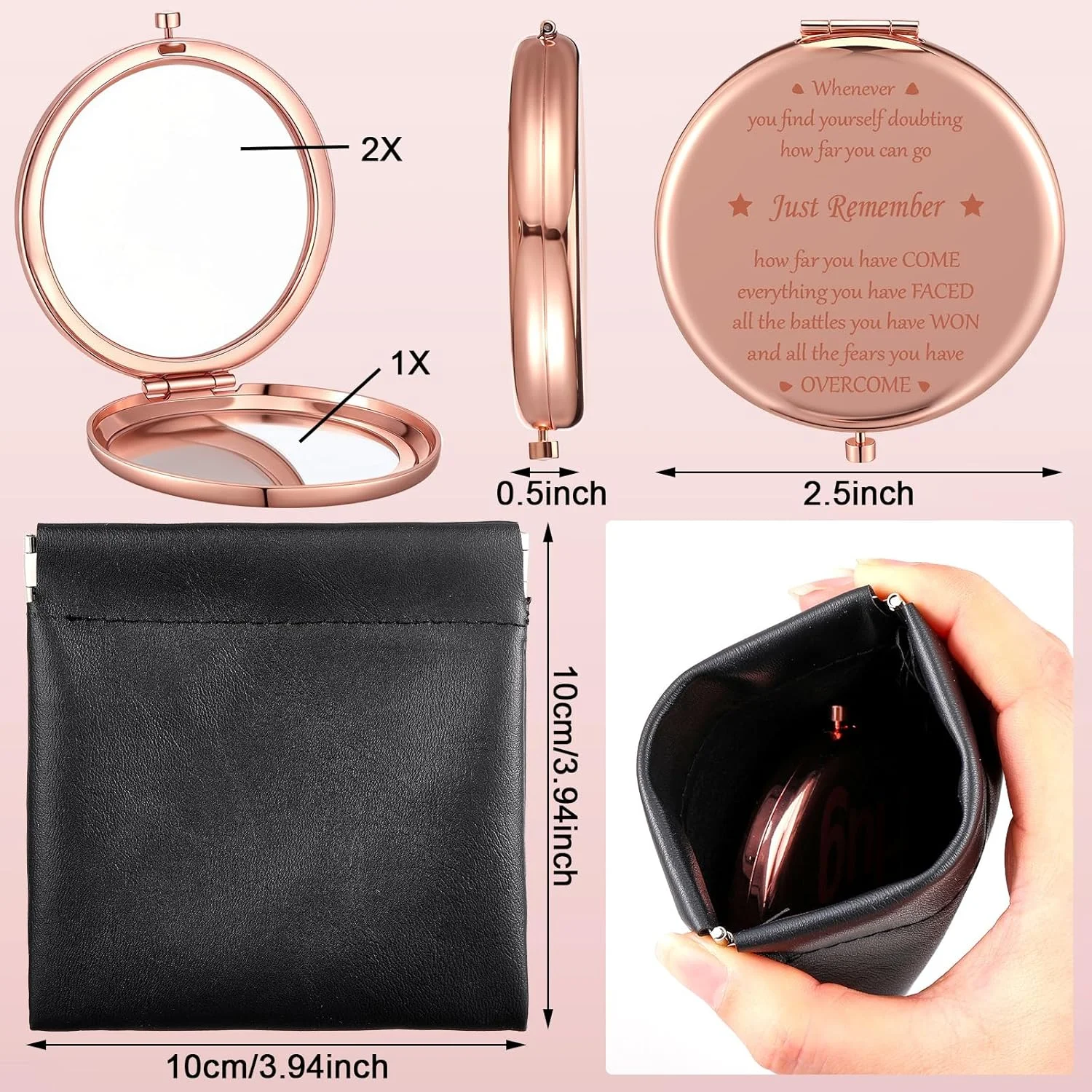 آینه جیبی کوچک Weysat با کیف، رزگلد، گرد، دو طرفه، بزرگنمایی 1x/2x، آینه آرایشی فلزی برای کیف دستی، هدیه ای برای تشویق بهبودی بازماندگان سرطان و دوری از عزیزان