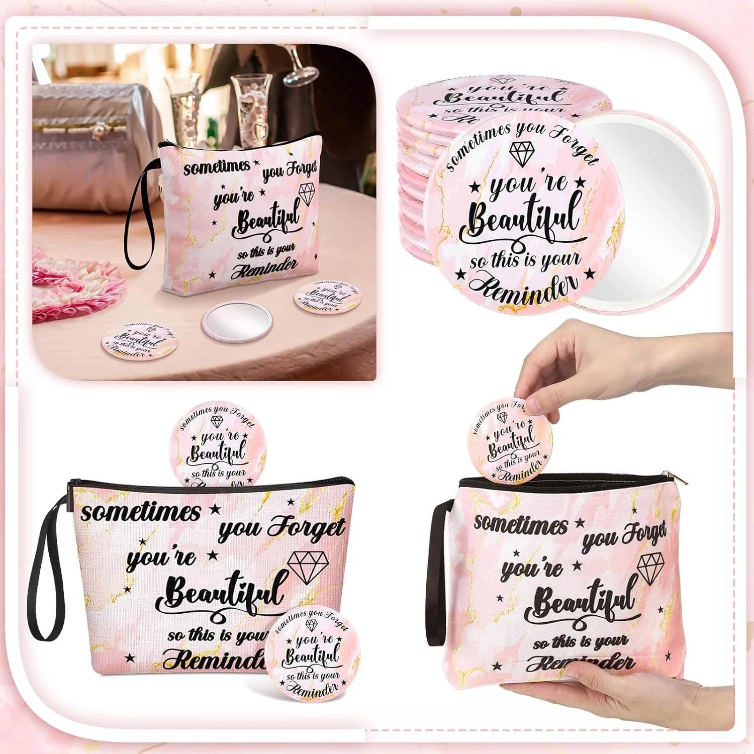 ژونیه 24 عددی هدیه های الهام بخش برای زنان، 12 عدد کیف آرایشی بوم انگیزه بخش، 12 عدد آینه جیبی گرد قابل حمل با نوشته "تو زیبا هستی"، هدیه های قدردانی عالی برای همکار، هفته CNA، رزگلد