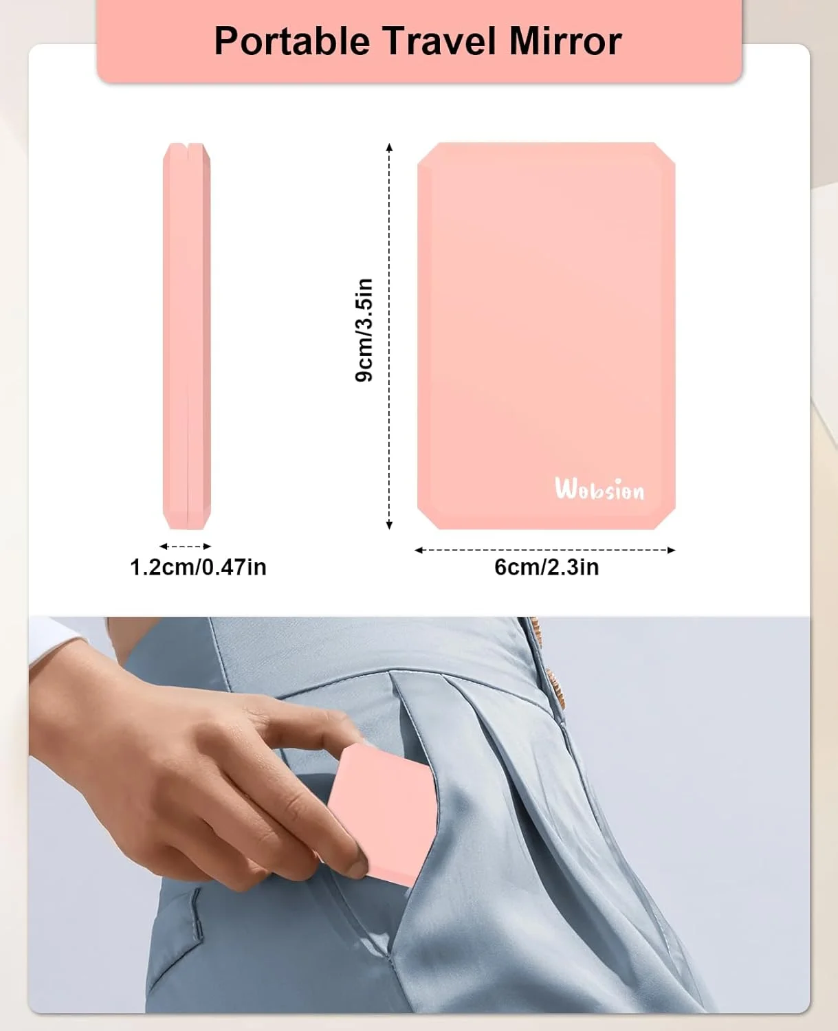 آینه جیبی تاشو و جمع و جور وبسون، مناسب کیف دستی و مسافرت، آینه آرایشی کوچک با بزرگنمایی، قابل حمل، تاشو، دستی، هدیه برای خانم ها، صورتی