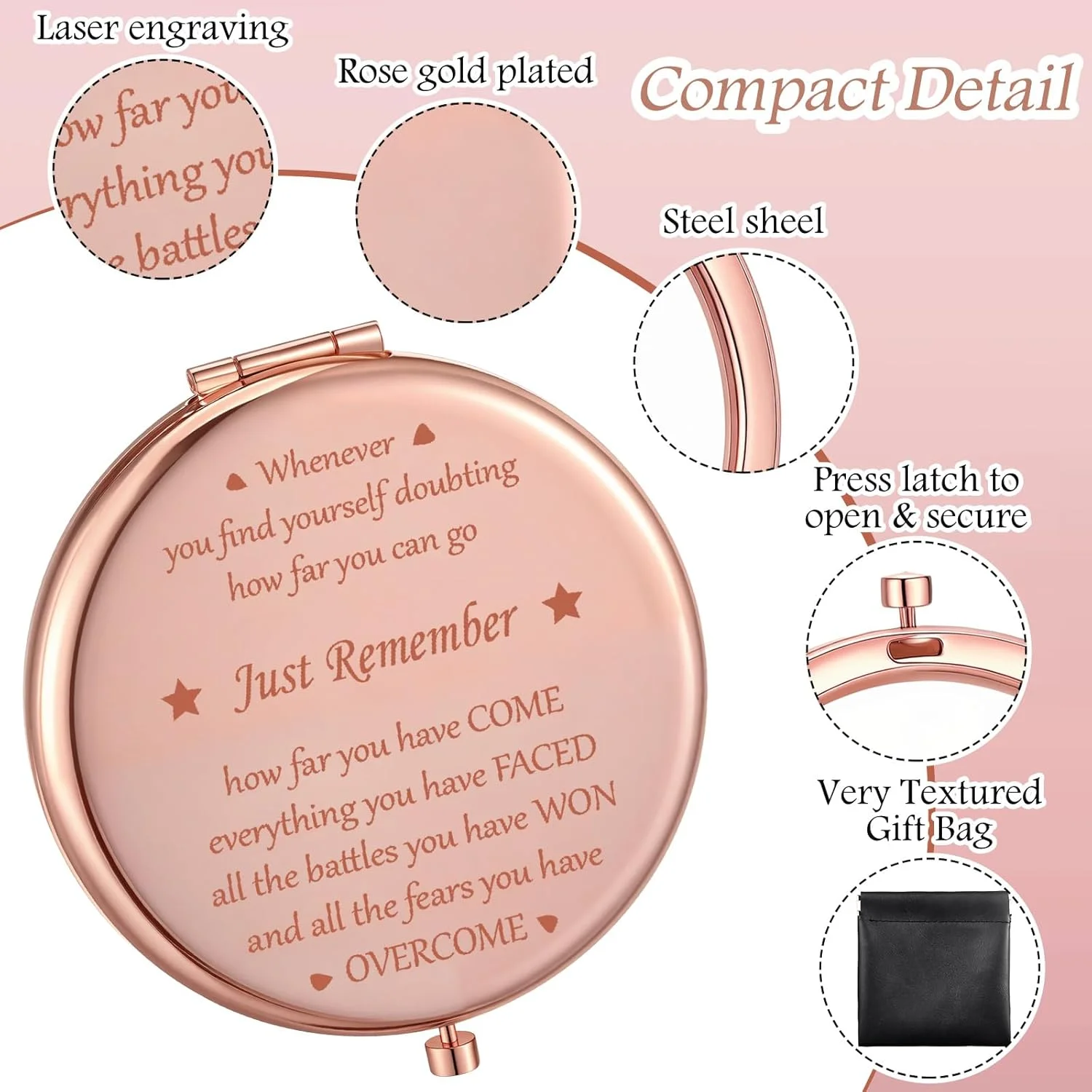 آینه جیبی کوچک Weysat با کیف، رزگلد، گرد، دو طرفه، بزرگنمایی 1x/2x، آینه آرایشی فلزی برای کیف دستی، هدیه ای برای تشویق بهبودی بازماندگان سرطان و دوری از عزیزان