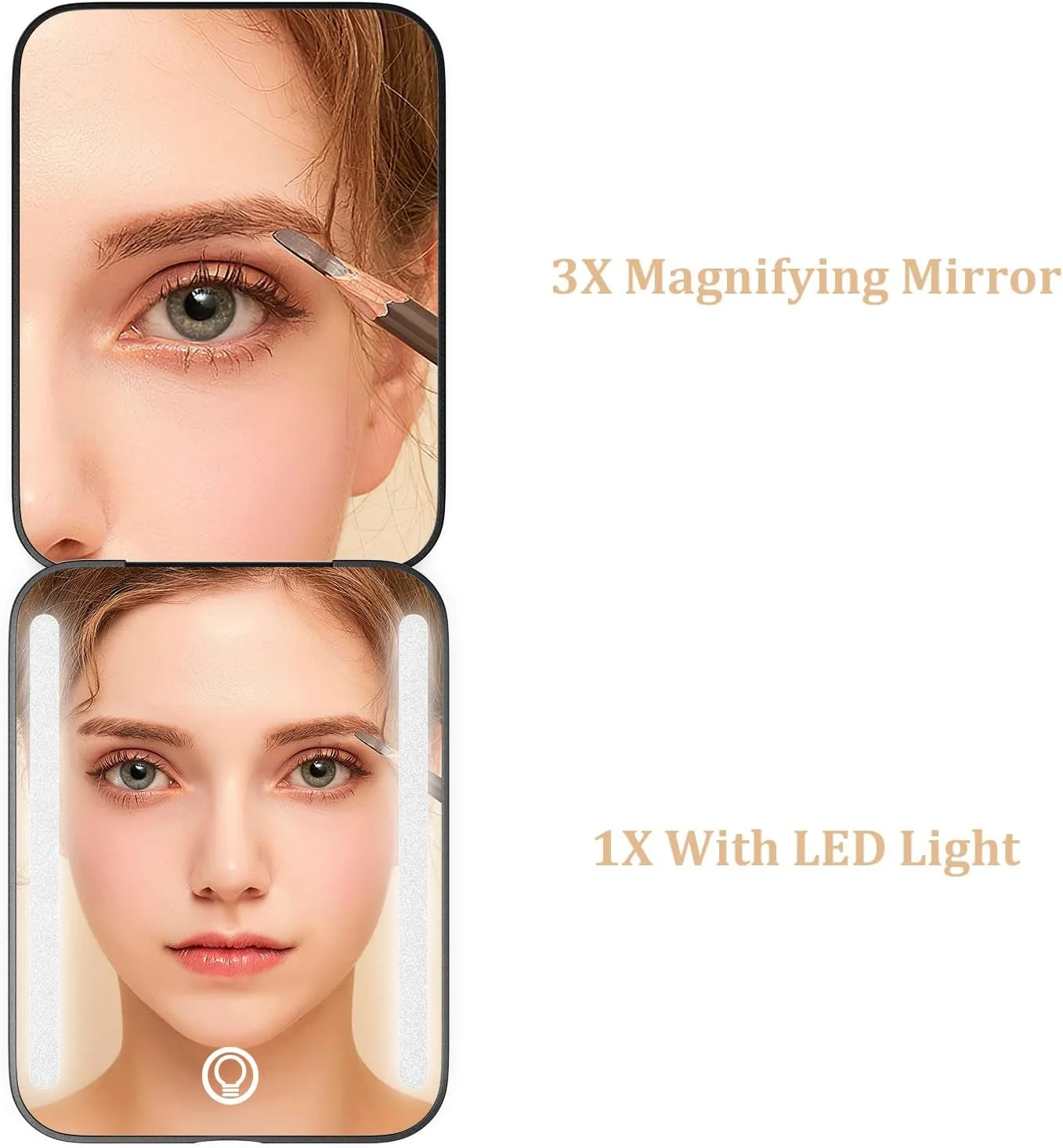 آینه آرایشی جیبی فشرده Wobsion با نور LED قابل شارژ، بزرگنمایی 1x/3x، آینه مسافرتی دو طرفه، آینه کوچک قابل حمل برای کیف دستی، هدیه برای دختران (مشکی)