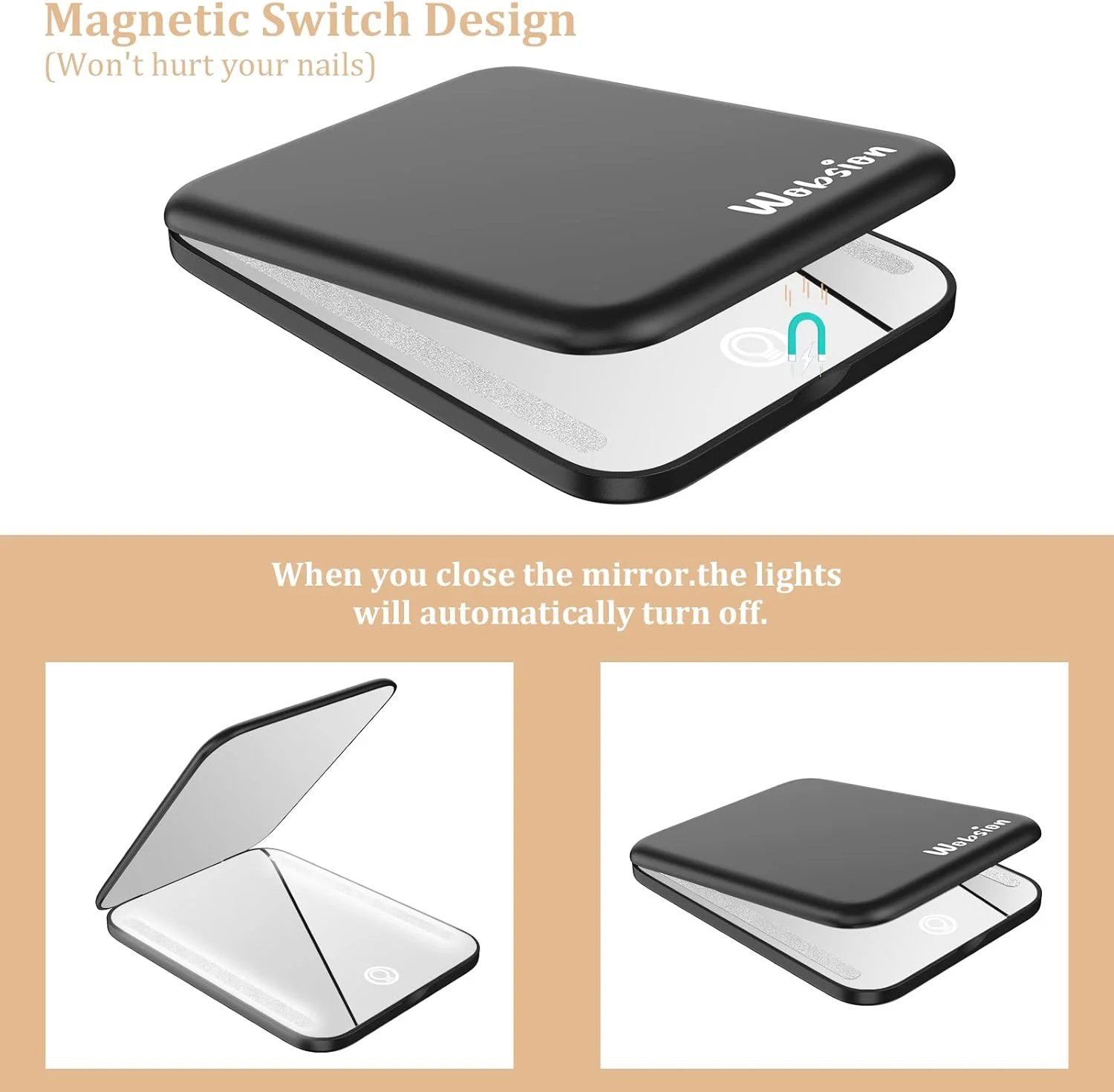 آینه آرایشی جیبی فشرده Wobsion با نور LED قابل شارژ، بزرگنمایی 1x/3x، آینه مسافرتی دو طرفه، آینه کوچک قابل حمل برای کیف دستی، هدیه برای دختران (مشکی)