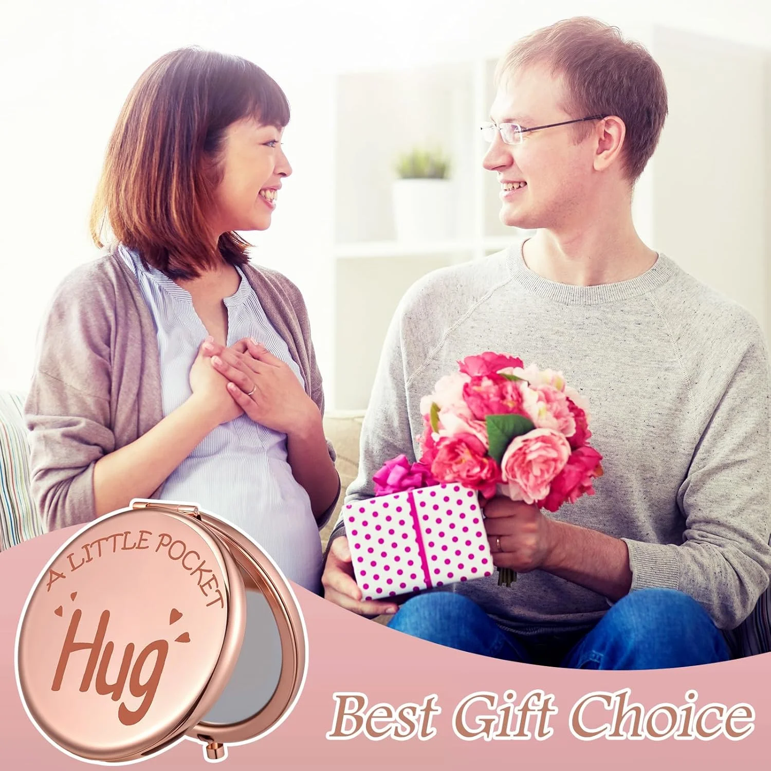 آینه جیبی کوچک Weysat با کیف، رزگلد، گرد، دو طرفه، بزرگنمایی 1x/2x، آینه آرایشی فلزی برای کیف دستی، هدیه ای برای تشویق بهبودی بازماندگان سرطان و دوری از عزیزان
