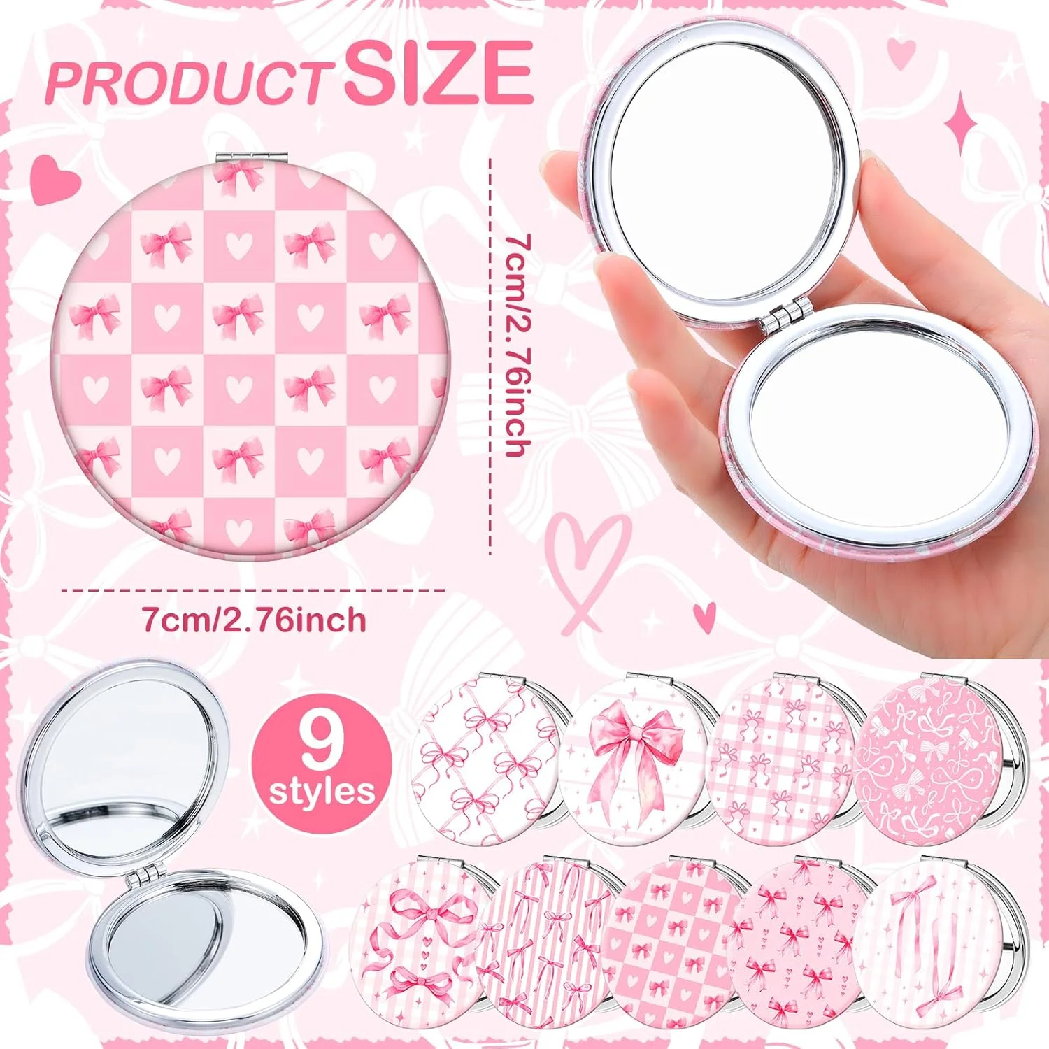 آینه های جیبی ویست مدل Coquette Pink Bow، بسته 9 عددی، دو طرفه، بزرگنمایی، چرم PU، قابل حمل، گرد، مناسب آرایش، هدیه برای مادران و دختران