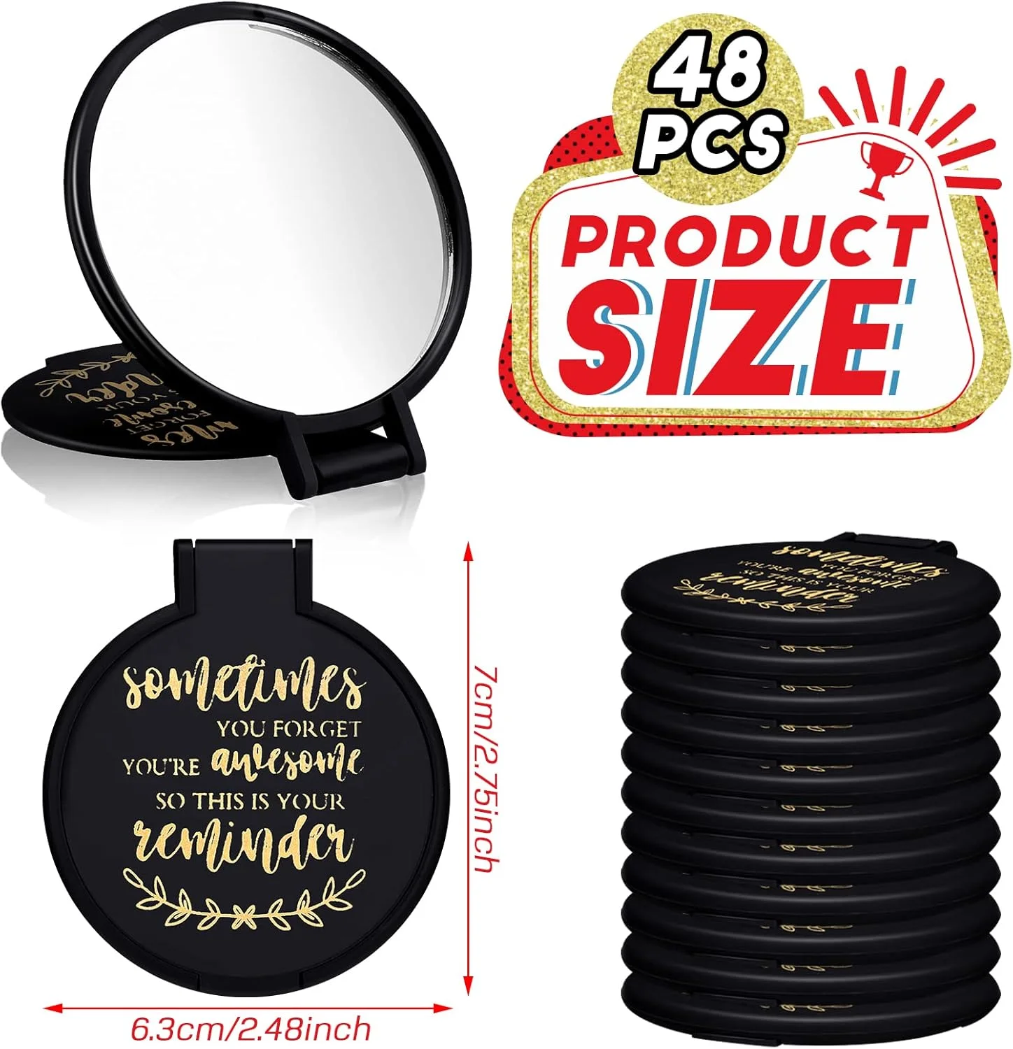 آینه جیبی تاشو Weysat، بسته 48 عددی، آینه های کوچک الهام بخش، آینه گرد تاشو کوچک، آینه دستی مسافرتی برای زنان و دختران (مشکی، الهام بخش)