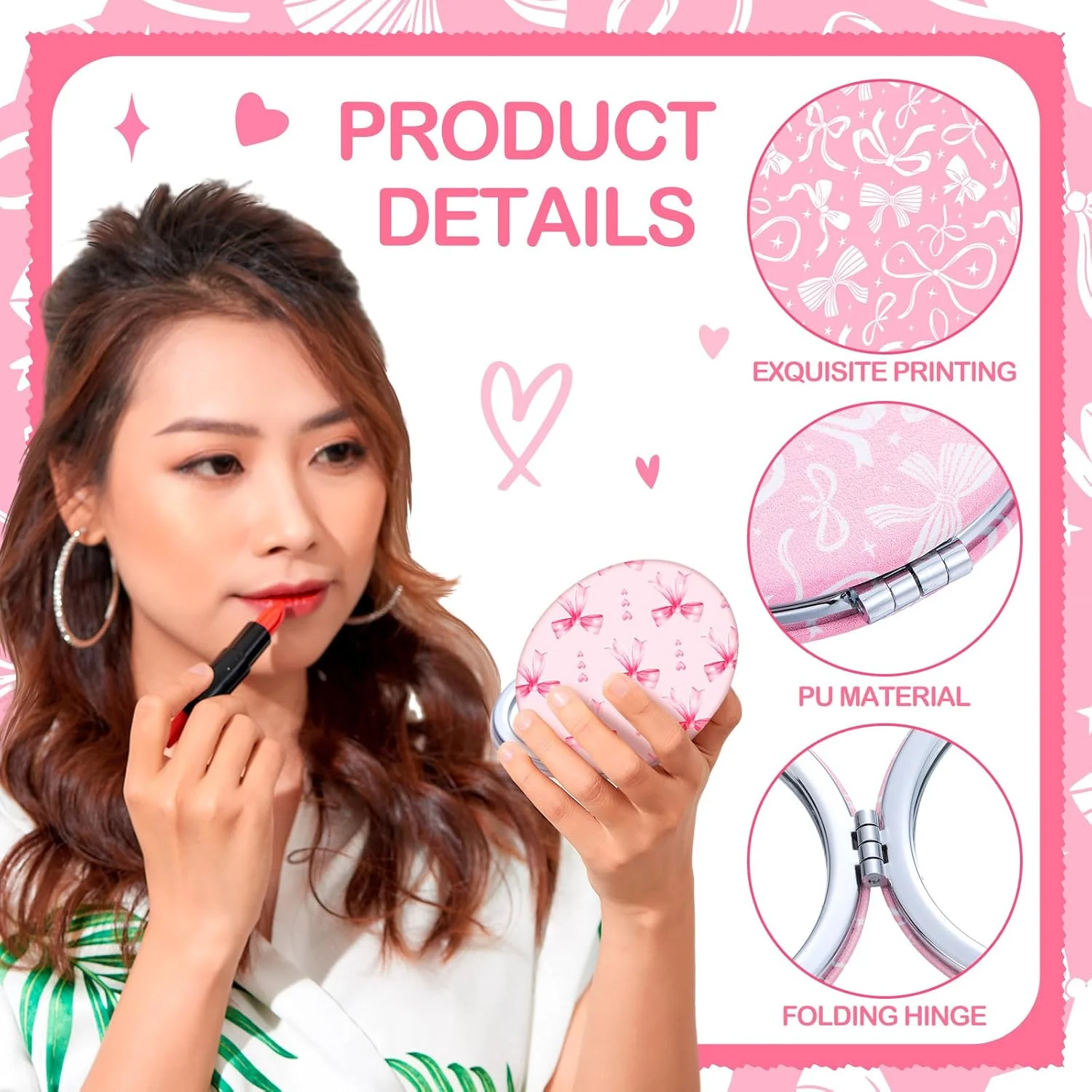 آینه های جیبی ویست مدل Coquette Pink Bow، بسته 9 عددی، دو طرفه، بزرگنمایی، چرم PU، قابل حمل، گرد، مناسب آرایش، هدیه برای مادران و دختران