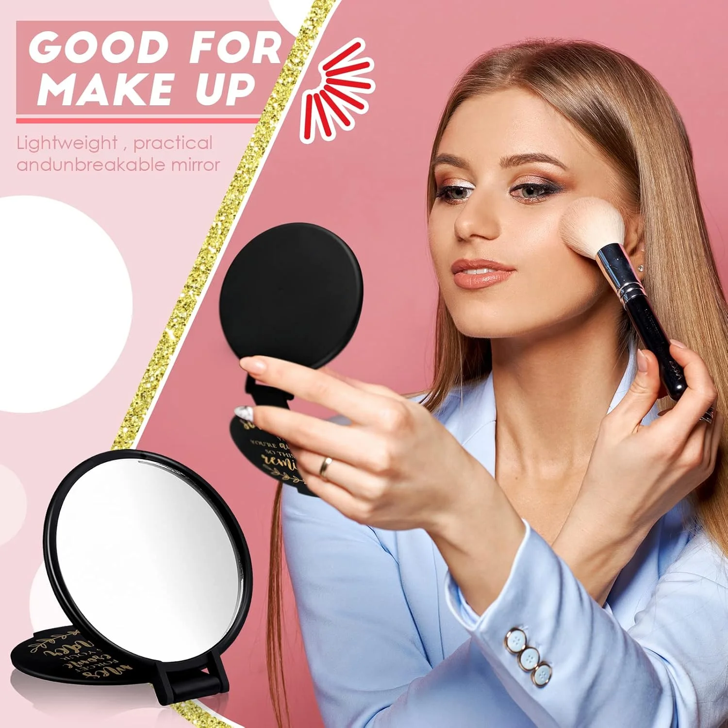 آینه جیبی تاشو Weysat، بسته 48 عددی، آینه های کوچک الهام بخش، آینه گرد تاشو کوچک، آینه دستی مسافرتی برای زنان و دختران (مشکی، الهام بخش)