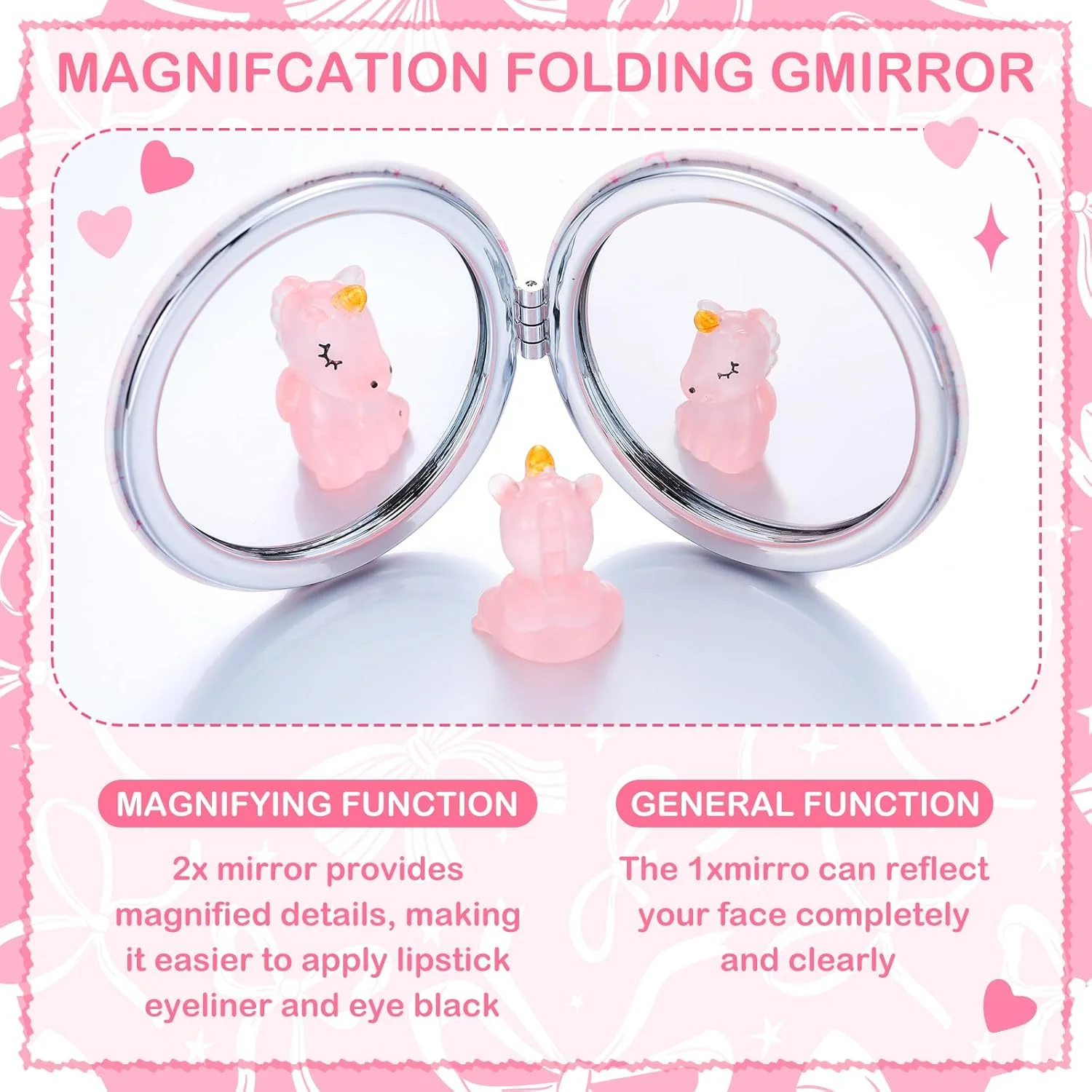 آینه های جیبی ویست مدل Coquette Pink Bow، بسته 9 عددی، دو طرفه، بزرگنمایی، چرم PU، قابل حمل، گرد، مناسب آرایش، هدیه برای مادران و دختران