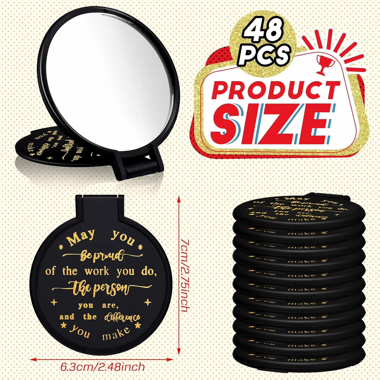 آینه جیبی کوچک Weysat، بسته 48 عددی، آینه آرایشی تاشو، آینه گرد دستی مسافرتی برای زنان و دختران (مشکی، انگیزشی)
