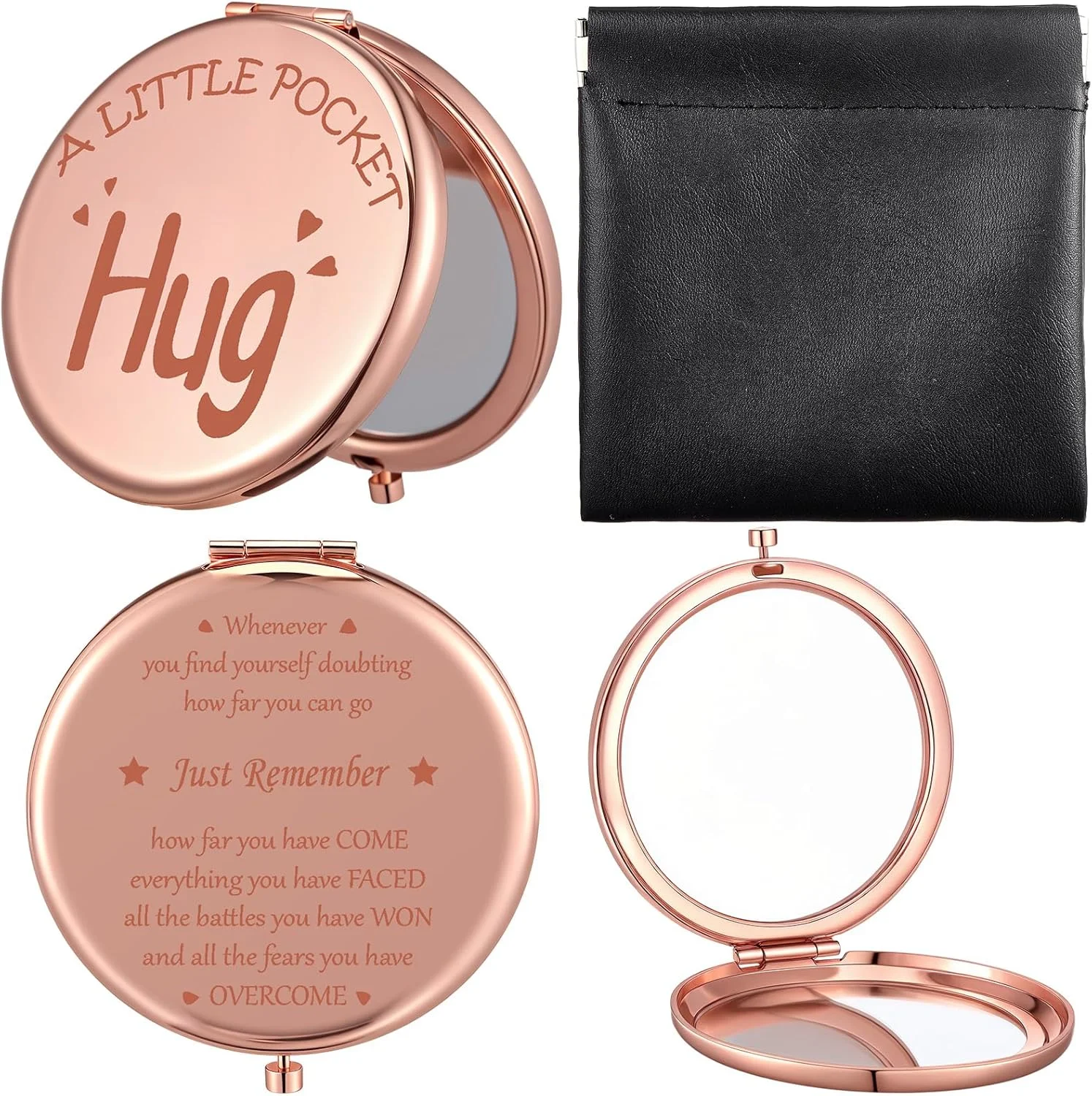 آینه جیبی کوچک Weysat با کیف، رزگلد، گرد، دو طرفه، بزرگنمایی 1x/2x، آینه آرایشی فلزی برای کیف دستی، هدیه ای برای تشویق بهبودی بازماندگان سرطان و دوری از عزیزان