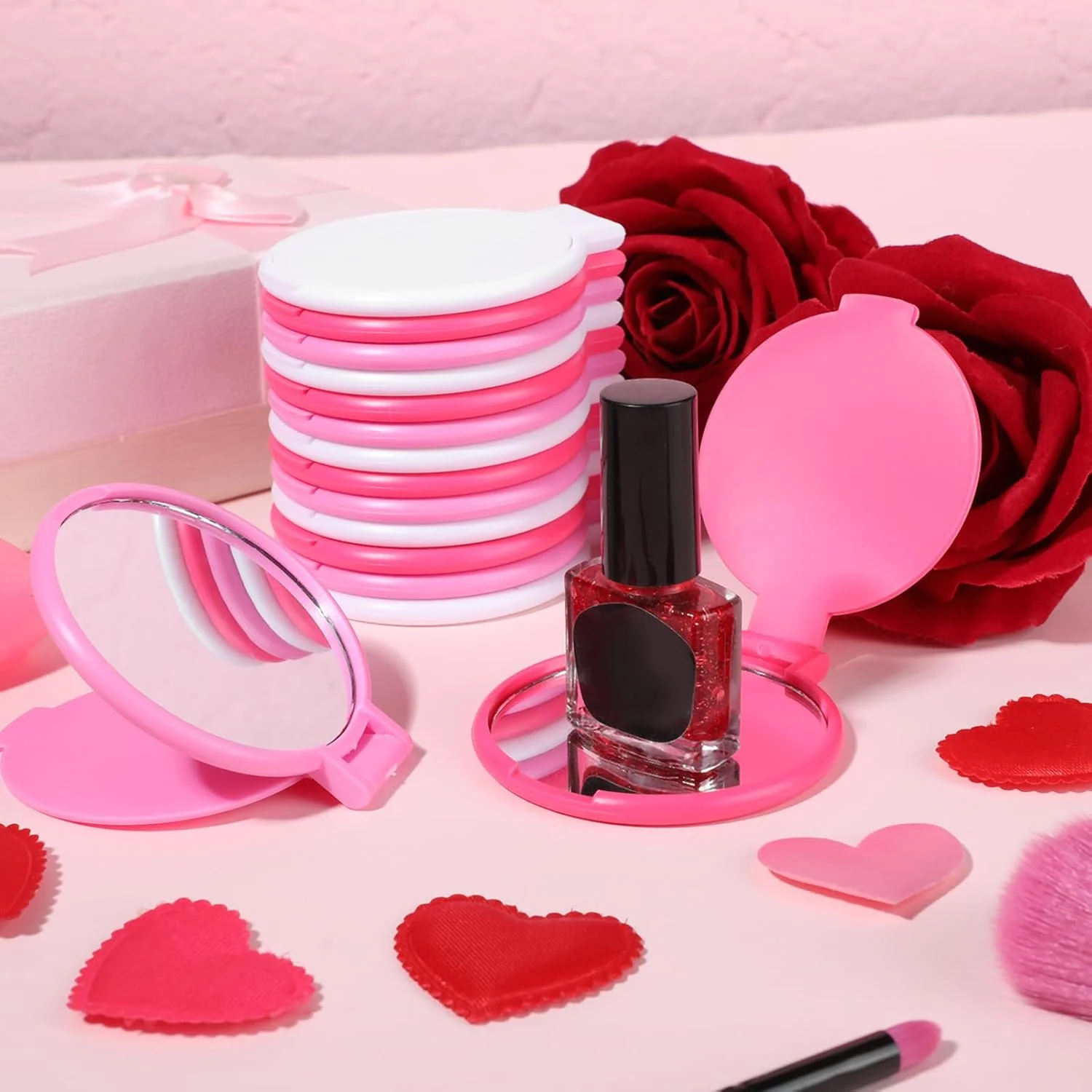 آینه جیبی کوچک و جمع و جور Weysat، بسته 48 عددی، مناسب هدیه برای خانم ها، صورتی و سفید، آینه گرد تاشو قابل حمل برای کیف پول، مسافرت، آرایش، کریسمس، عروسی، جشن تولد