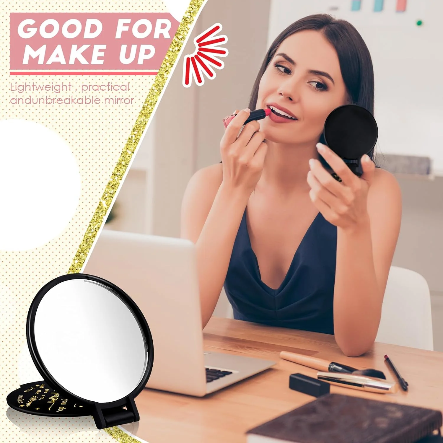 آینه جیبی کوچک Weysat، بسته 48 عددی، آینه آرایشی تاشو، آینه گرد دستی مسافرتی برای زنان و دختران (مشکی، انگیزشی)