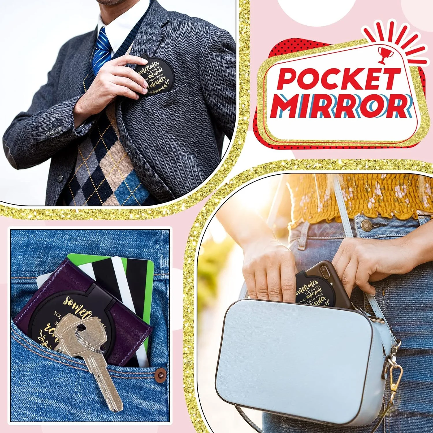 آینه جیبی تاشو Weysat، بسته 48 عددی، آینه های کوچک الهام بخش، آینه گرد تاشو کوچک، آینه دستی مسافرتی برای زنان و دختران (مشکی، الهام بخش)