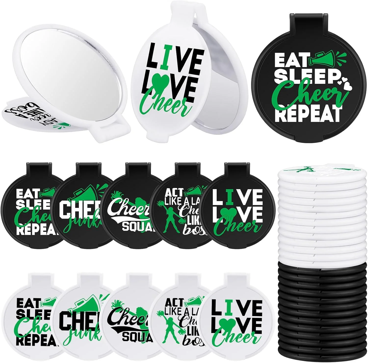 آینه آرایشی تاشو قابل حمل Wenqik، بسته 50 عددی، هدیه تشویق کننده، مناسب برای سفر، تیم دختران، زنان، جشن فارغ التحصیلی و دوستی (تشویق سبز)