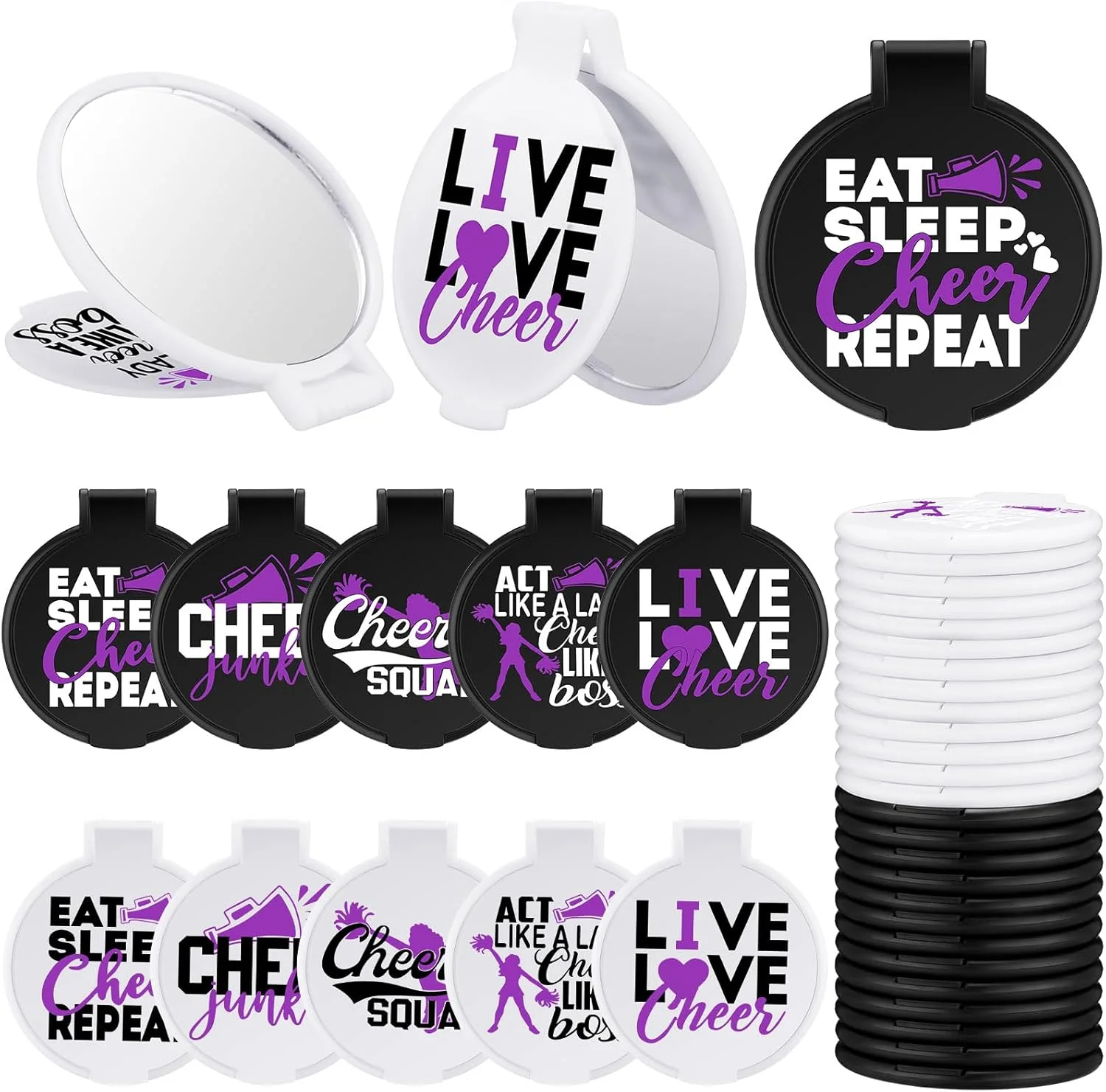 Wenqik بسته 50 عددی آینه های جیبی تاشو تشویق کننده، هدیه ای مناسب برای تیم های دخترانه، زنان و جشن های فارغ التحصیلی (تشویق بنفش)