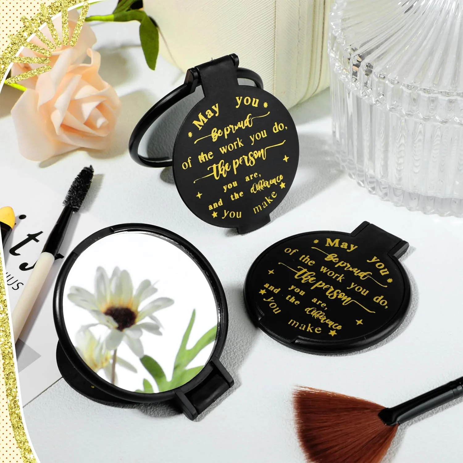 آینه جیبی کوچک Weysat، بسته 48 عددی، آینه آرایشی تاشو، آینه گرد دستی مسافرتی برای زنان و دختران (مشکی، انگیزشی)