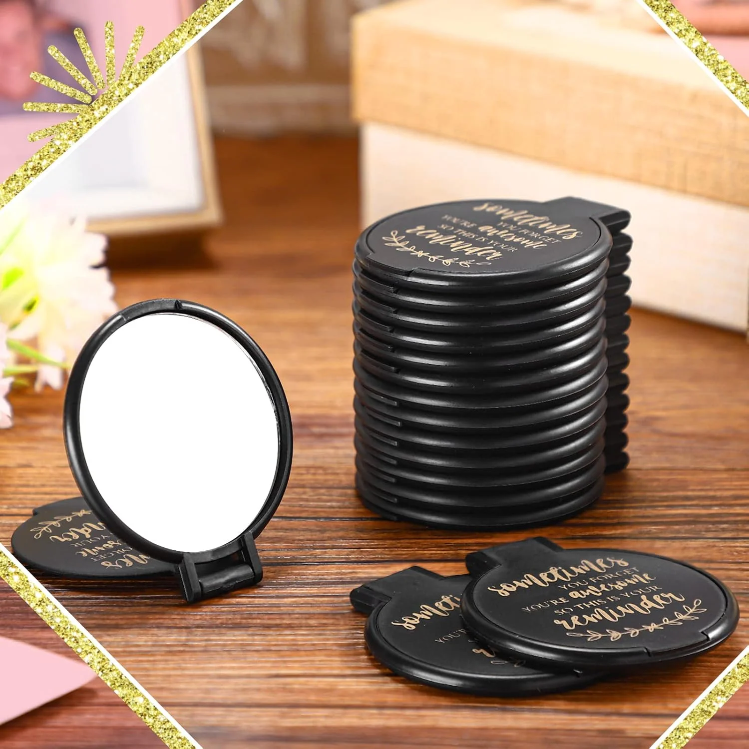 آینه جیبی تاشو Weysat، بسته 48 عددی، آینه های کوچک الهام بخش، آینه گرد تاشو کوچک، آینه دستی مسافرتی برای زنان و دختران (مشکی، الهام بخش)