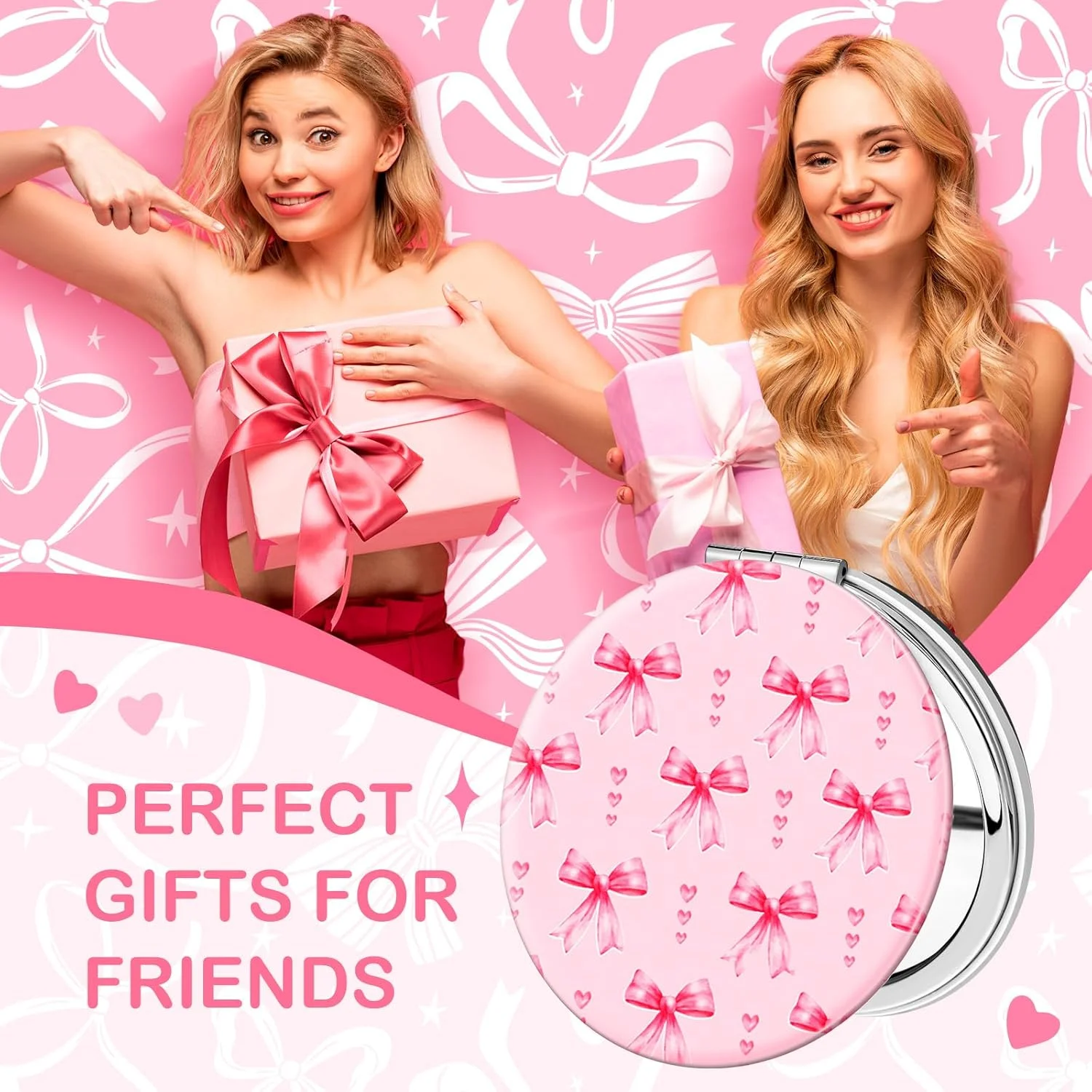 آینه های جیبی ویست مدل Coquette Pink Bow، بسته 9 عددی، دو طرفه، بزرگنمایی، چرم PU، قابل حمل، گرد، مناسب آرایش، هدیه برای مادران و دختران