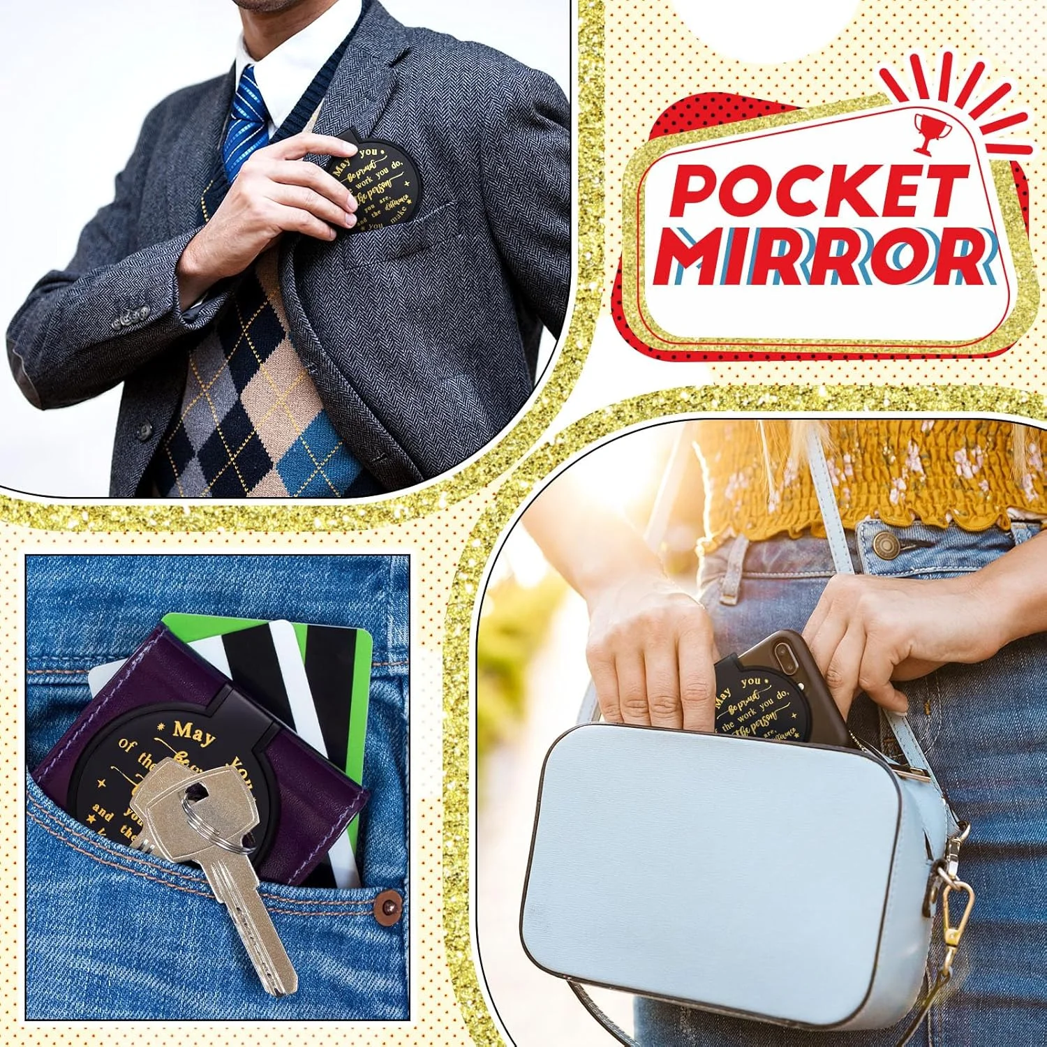 آینه جیبی کوچک Weysat، بسته 48 عددی، آینه آرایشی تاشو، آینه گرد دستی مسافرتی برای زنان و دختران (مشکی، انگیزشی)