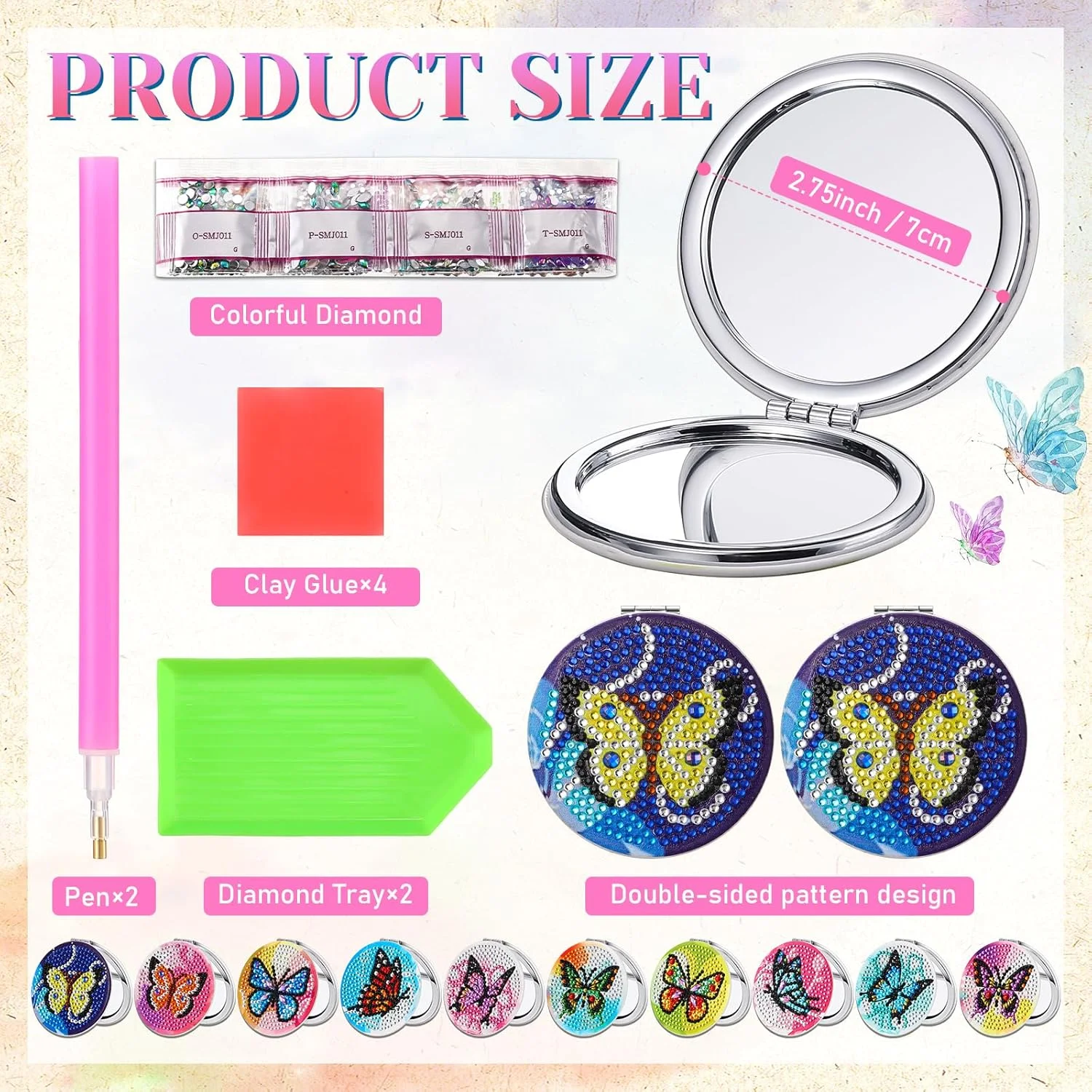 آینه جیبی جمع و جور ویست با طرح نقاشی الماس، مناسب کیف دستی، با پوشش نقاشی الماس کریستالی، کیت هنری نقاشی الماس برای بزرگسالان، زنان، دختران و کودکان (طرح پروانه)، 10 عددی