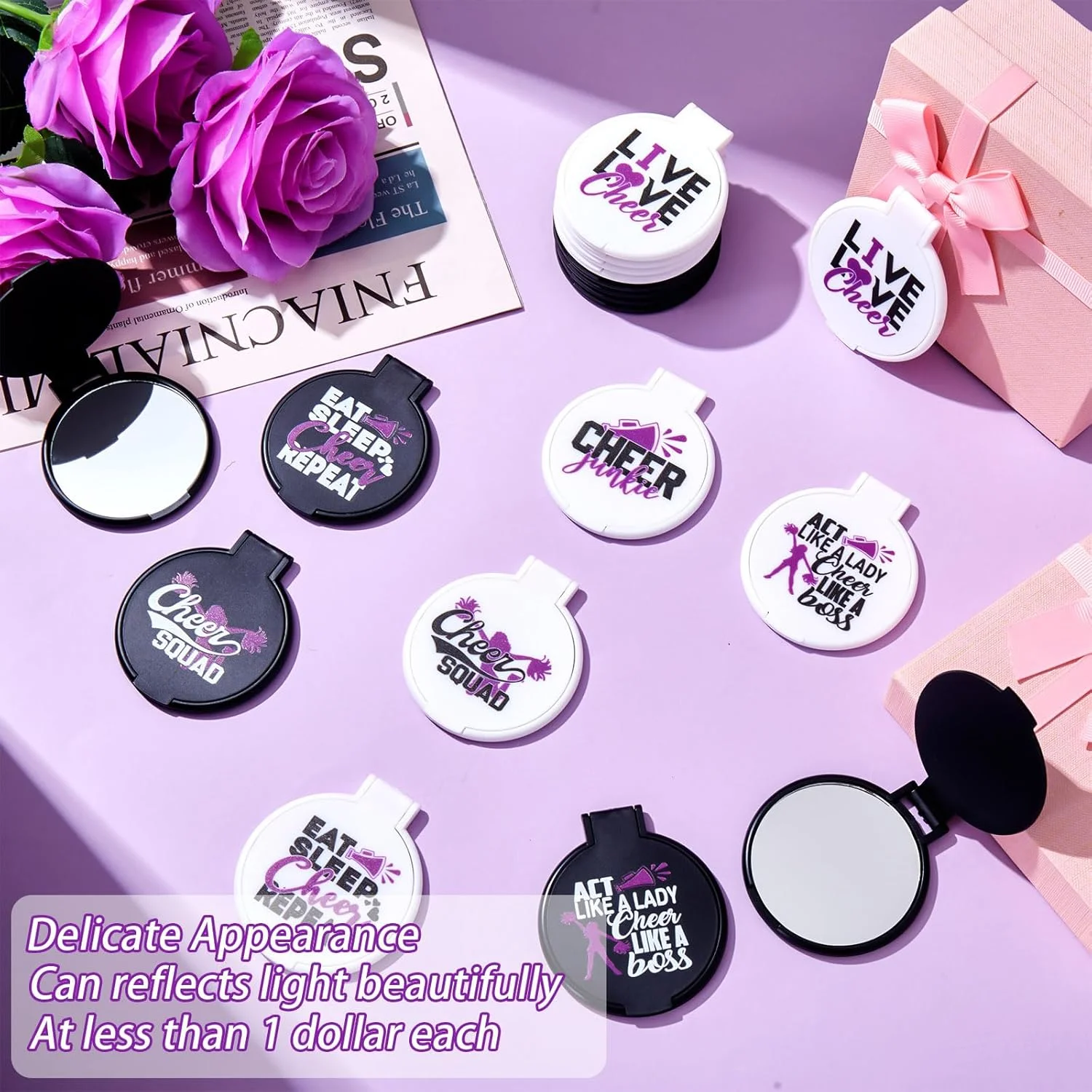 Wenqik بسته 50 عددی آینه های جیبی تاشو تشویق کننده، هدیه ای مناسب برای تیم های دخترانه، زنان و جشن های فارغ التحصیلی (تشویق بنفش)