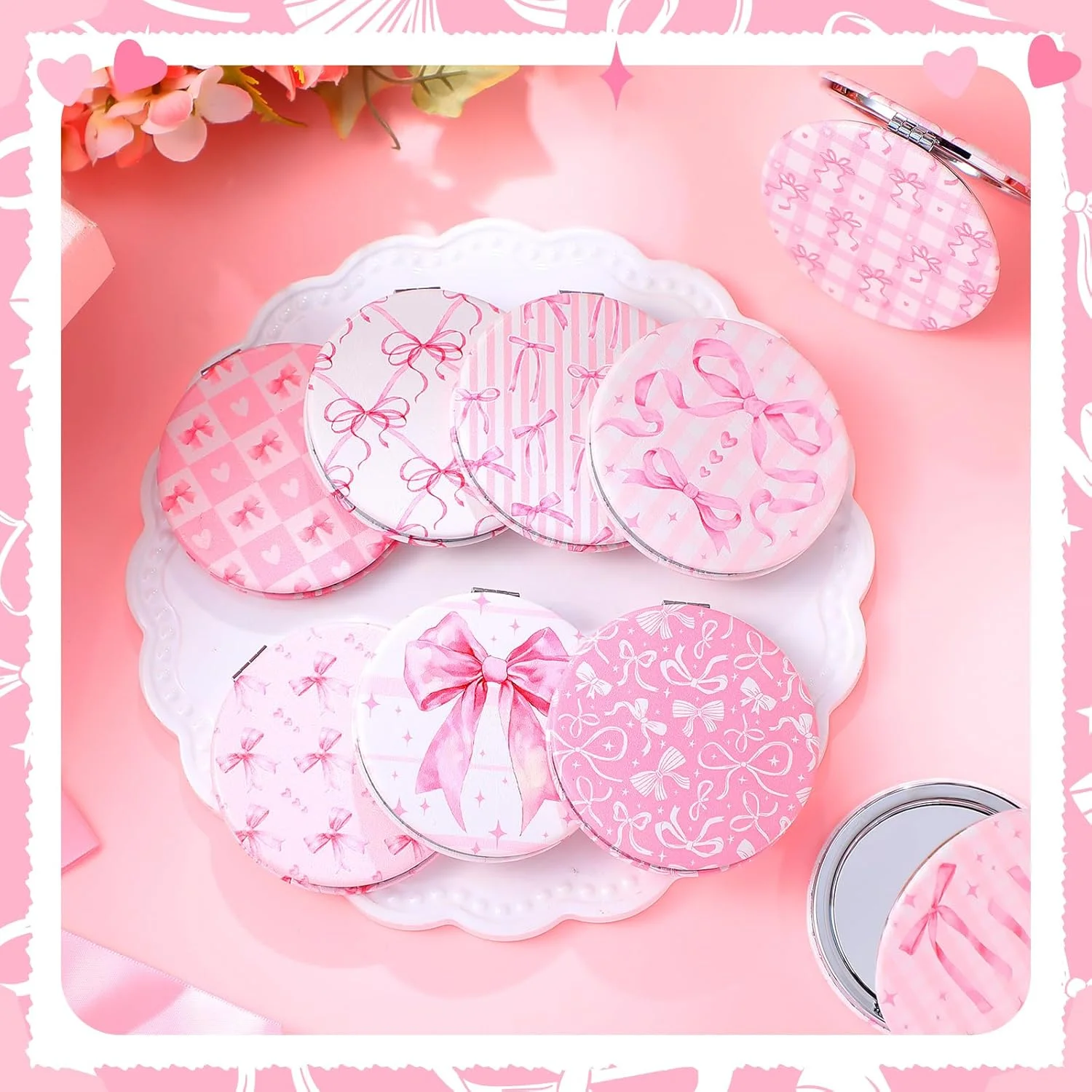 آینه های جیبی ویست مدل Coquette Pink Bow، بسته 9 عددی، دو طرفه، بزرگنمایی، چرم PU، قابل حمل، گرد، مناسب آرایش، هدیه برای مادران و دختران