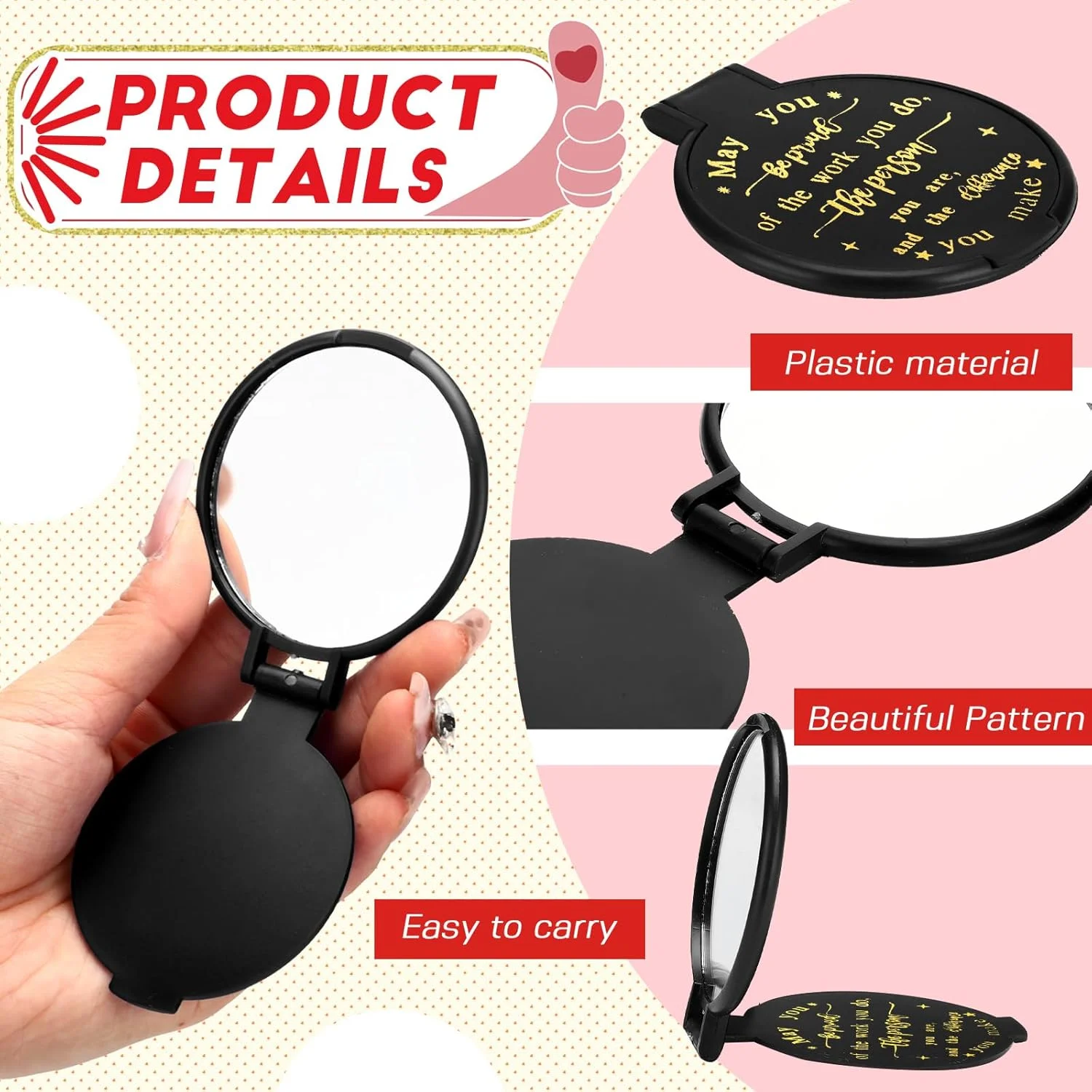 آینه جیبی کوچک Weysat، بسته 48 عددی، آینه آرایشی تاشو، آینه گرد دستی مسافرتی برای زنان و دختران (مشکی، انگیزشی)