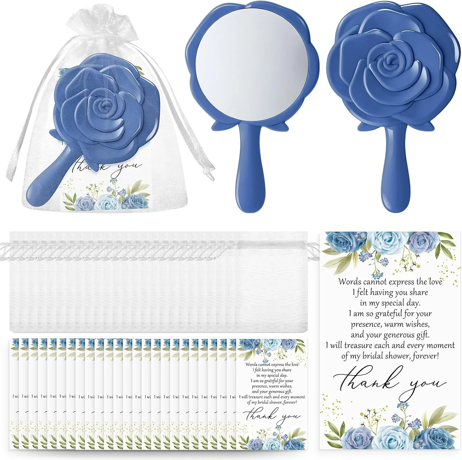 آینه های جیبی رز Wenqik، 24 عددی، مناسب گیفت عروسی و مهمانی، آینه دستی رز به همراه کارت تشکر و کیسه های ارگانزا، هدیه یادگاری مهمانان (آبی)