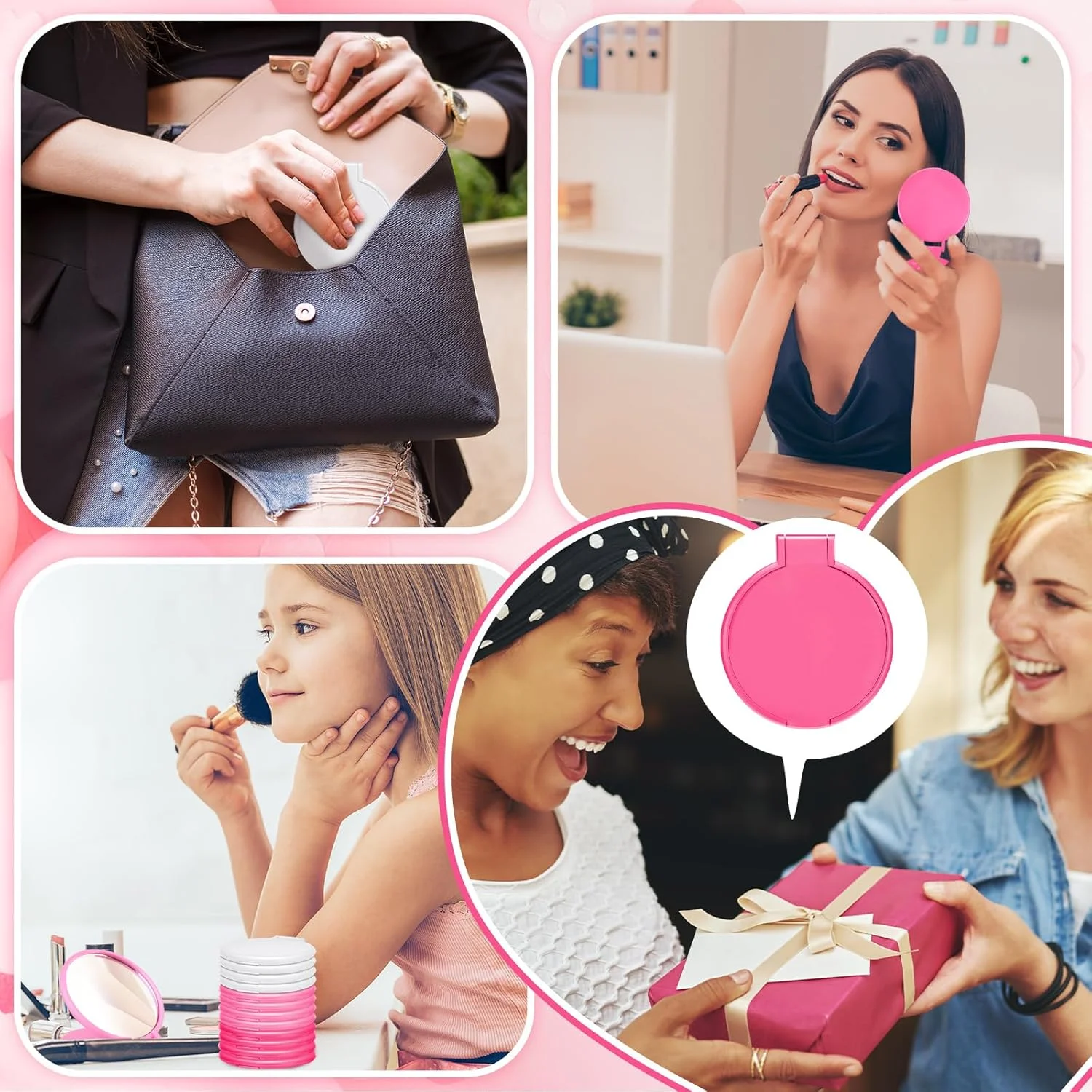 آینه جیبی کوچک و جمع و جور Weysat، بسته 48 عددی، مناسب هدیه برای خانم ها، صورتی و سفید، آینه گرد تاشو قابل حمل برای کیف پول، مسافرت، آرایش، کریسمس، عروسی، جشن تولد