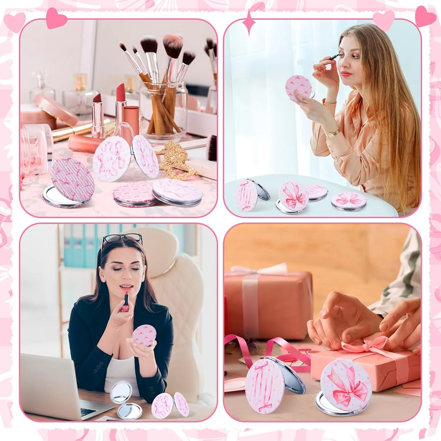 آینه های جیبی ویست مدل Coquette Pink Bow، بسته 9 عددی، دو طرفه، بزرگنمایی، چرم PU، قابل حمل، گرد، مناسب آرایش، هدیه برای مادران و دختران