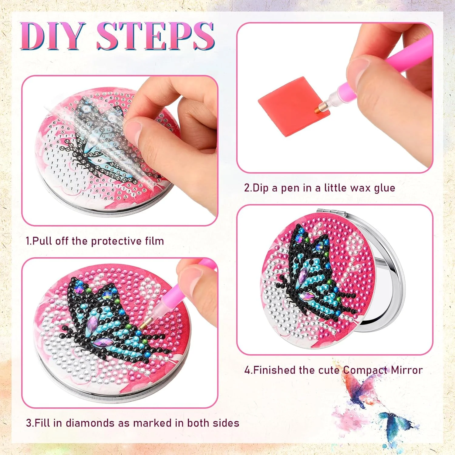 آینه جیبی جمع و جور ویست با طرح نقاشی الماس، مناسب کیف دستی، با پوشش نقاشی الماس کریستالی، کیت هنری نقاشی الماس برای بزرگسالان، زنان، دختران و کودکان (طرح پروانه)، 10 عددی