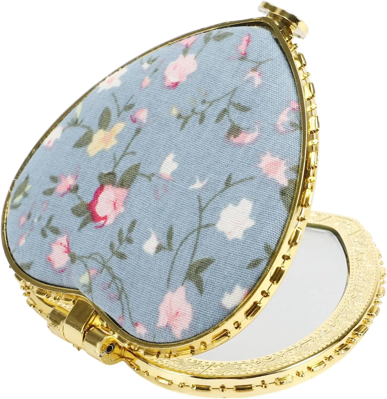 آینه جیبی کوچک VOCOSTE، آینه آرایشی طرح گل، آینه مینیاتوری قلبی شکل، آینه کوچک گلدار برای کیف، آینه تاشو مسافرتی قابل حمل برای زنان، آبی