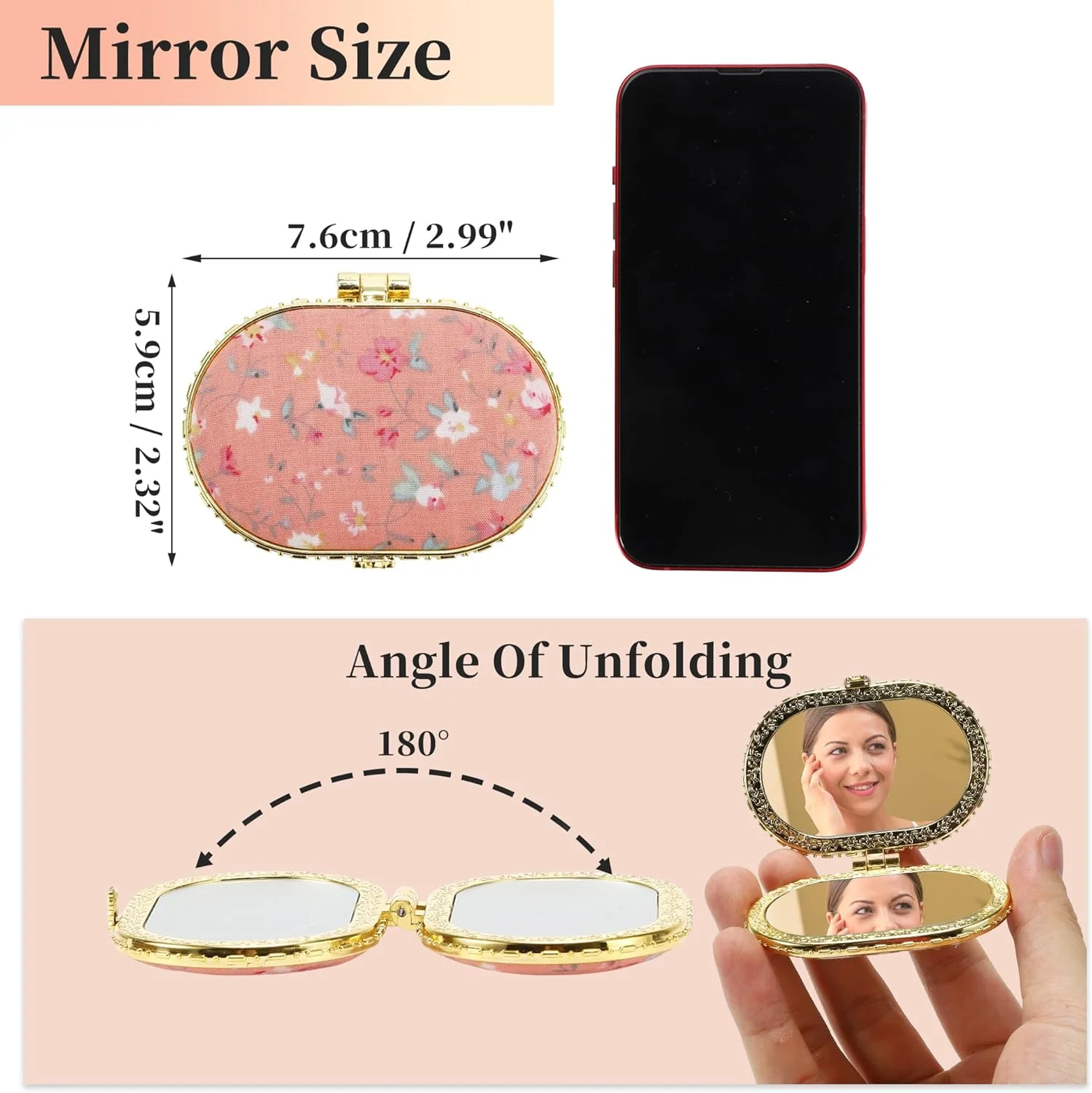 آینه جیبی کوچک VOCOSTE، آینه آرایشی طرح گل، آینه بیضی کوچک، آینه گلدار کوچک برای کیف، آینه تاشو جیبی مسافرتی قابل حمل زنانه، صورتی