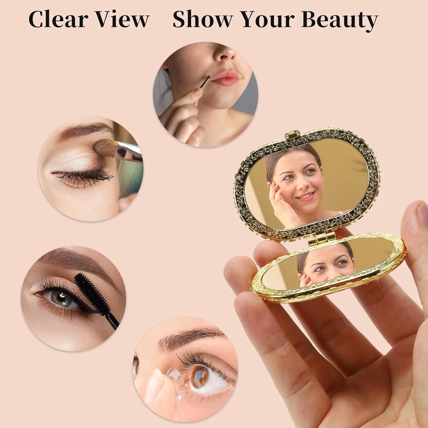 آینه جیبی کوچک VOCOSTE، آینه آرایشی طرح گل، آینه بیضی کوچک، آینه گلدار کوچک برای کیف، آینه تاشو جیبی مسافرتی قابل حمل زنانه، صورتی