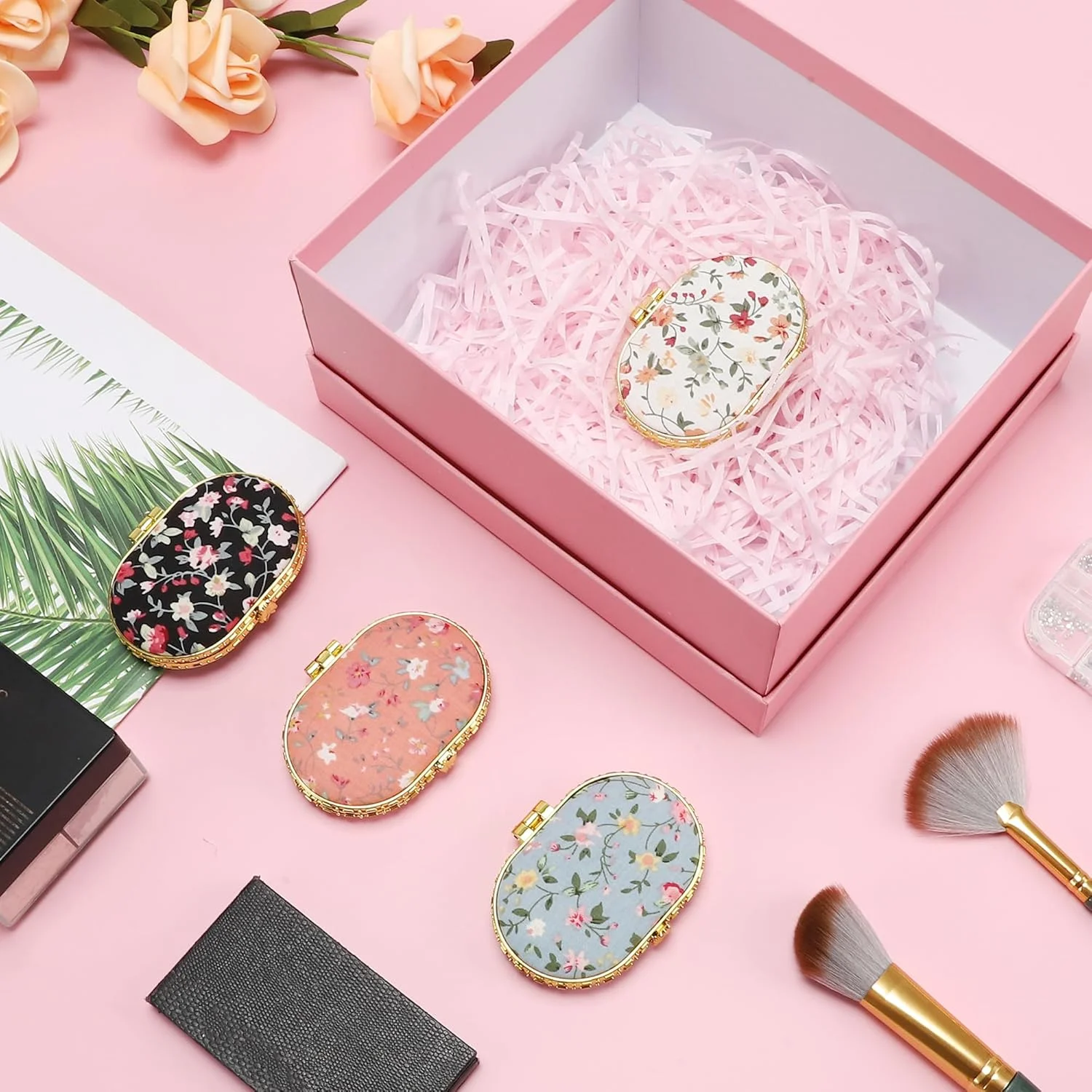 آینه جیبی کوچک VOCOSTE، آینه آرایشی طرح گل، آینه بیضی کوچک، آینه گلدار کوچک برای کیف، آینه تاشو جیبی مسافرتی قابل حمل زنانه، صورتی