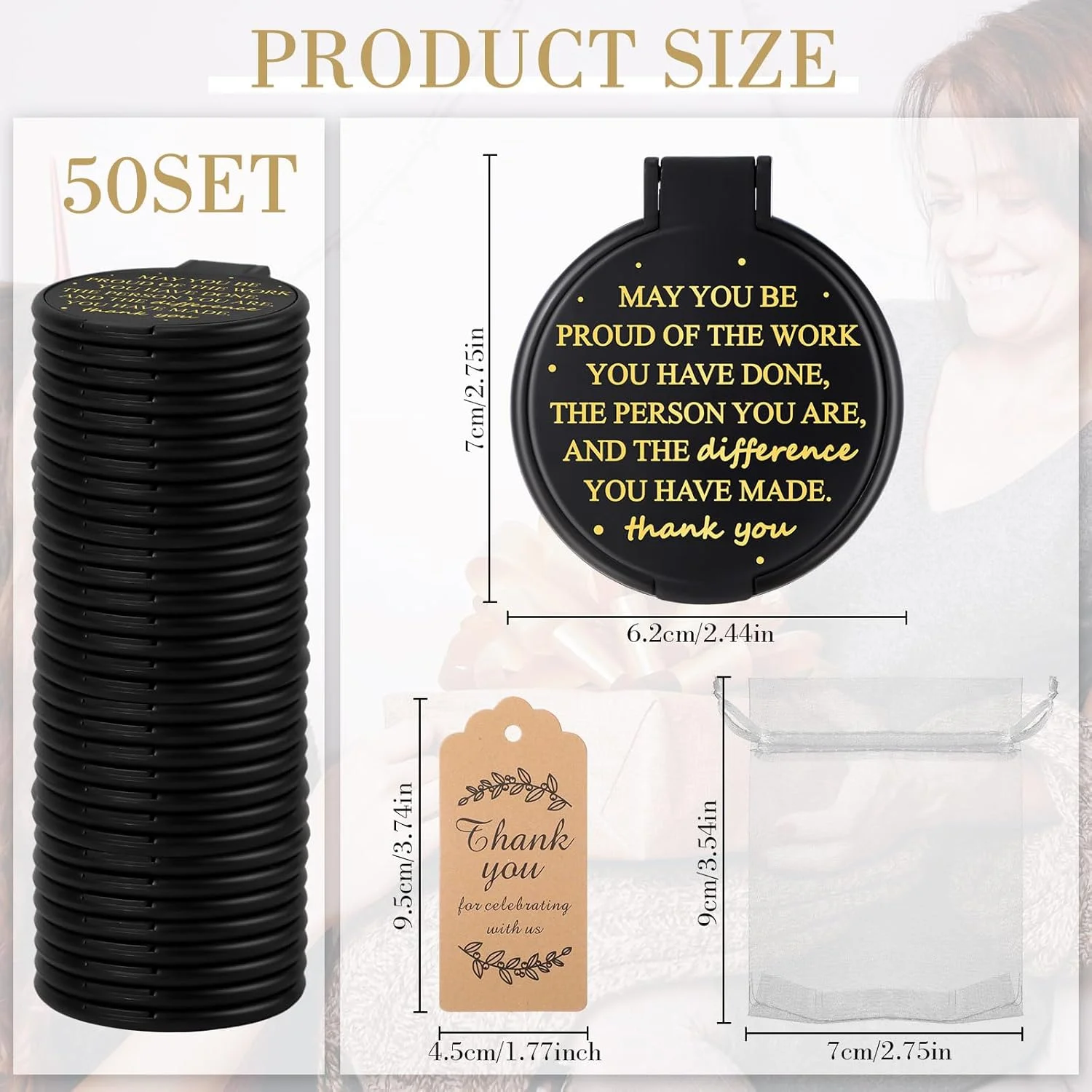 آینه جیبی فشرده Wenqik، بسته 150 عددی، هدیه تشکر از کارمندان، مناسبت کریسمس، آینه های گرد جیبی الهام بخش به همراه کارت و کیسه های توری ارگانزا برای هدیه عروسی، بانوان، معلم و همکار