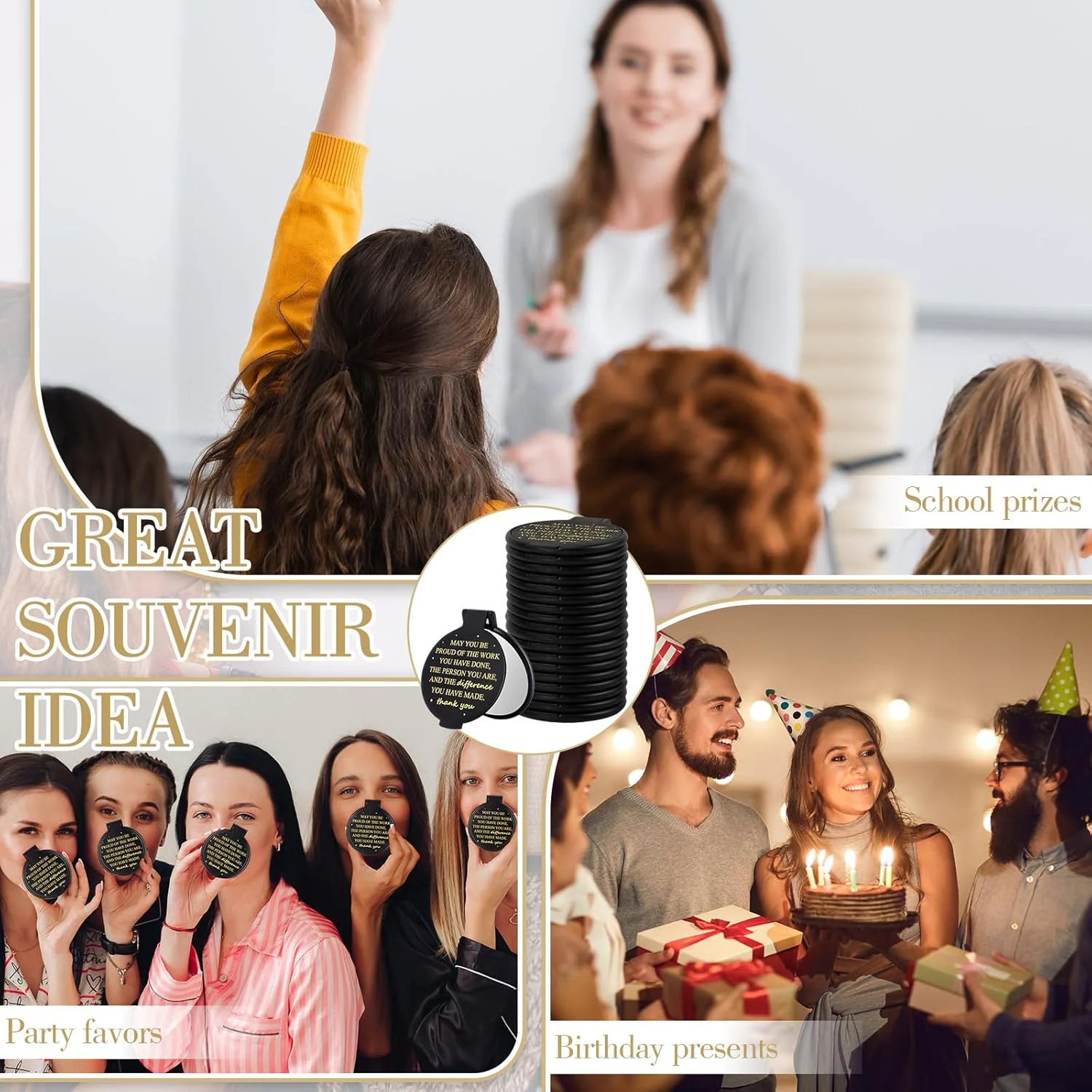 آینه جیبی فشرده Wenqik، بسته 150 عددی، هدیه تشکر از کارمندان، مناسبت کریسمس، آینه های گرد جیبی الهام بخش به همراه کارت و کیسه های توری ارگانزا برای هدیه عروسی، بانوان، معلم و همکار