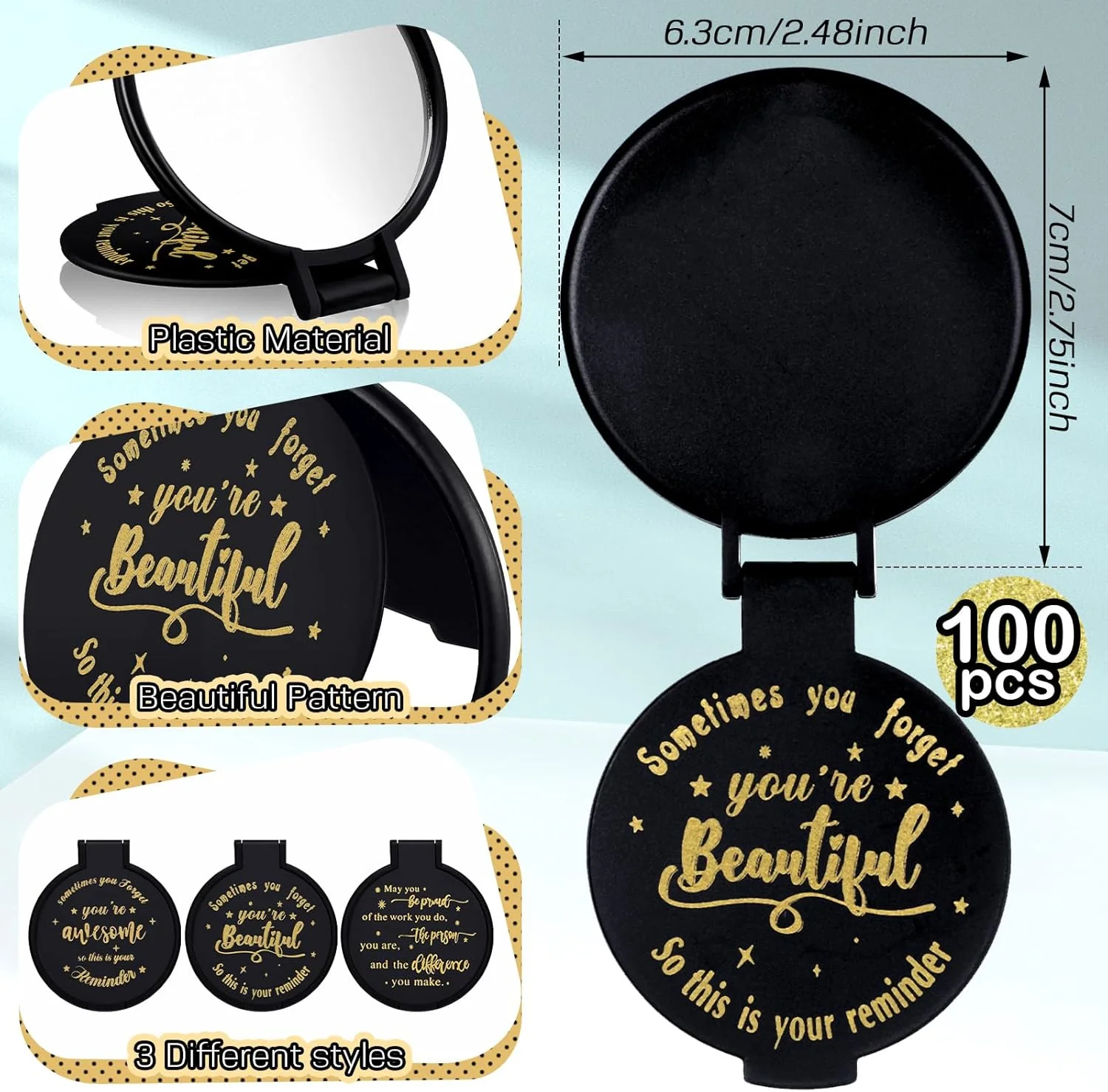 ونکیک 100 عدد آینه جیبی کوچک فشرده با عبارات مثبت الهام بخش، هدیه انگیزشی برای کارمندان، همکاران، مهمانی تولد زنان (مشکی)
