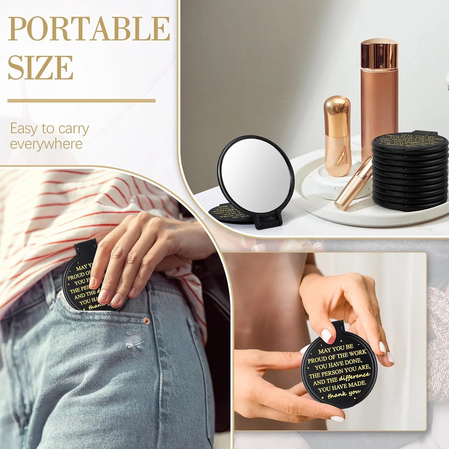 آینه جیبی فشرده Wenqik، بسته 150 عددی، هدیه تشکر از کارمندان، مناسبت کریسمس، آینه های گرد جیبی الهام بخش به همراه کارت و کیسه های توری ارگانزا برای هدیه عروسی، بانوان، معلم و همکار