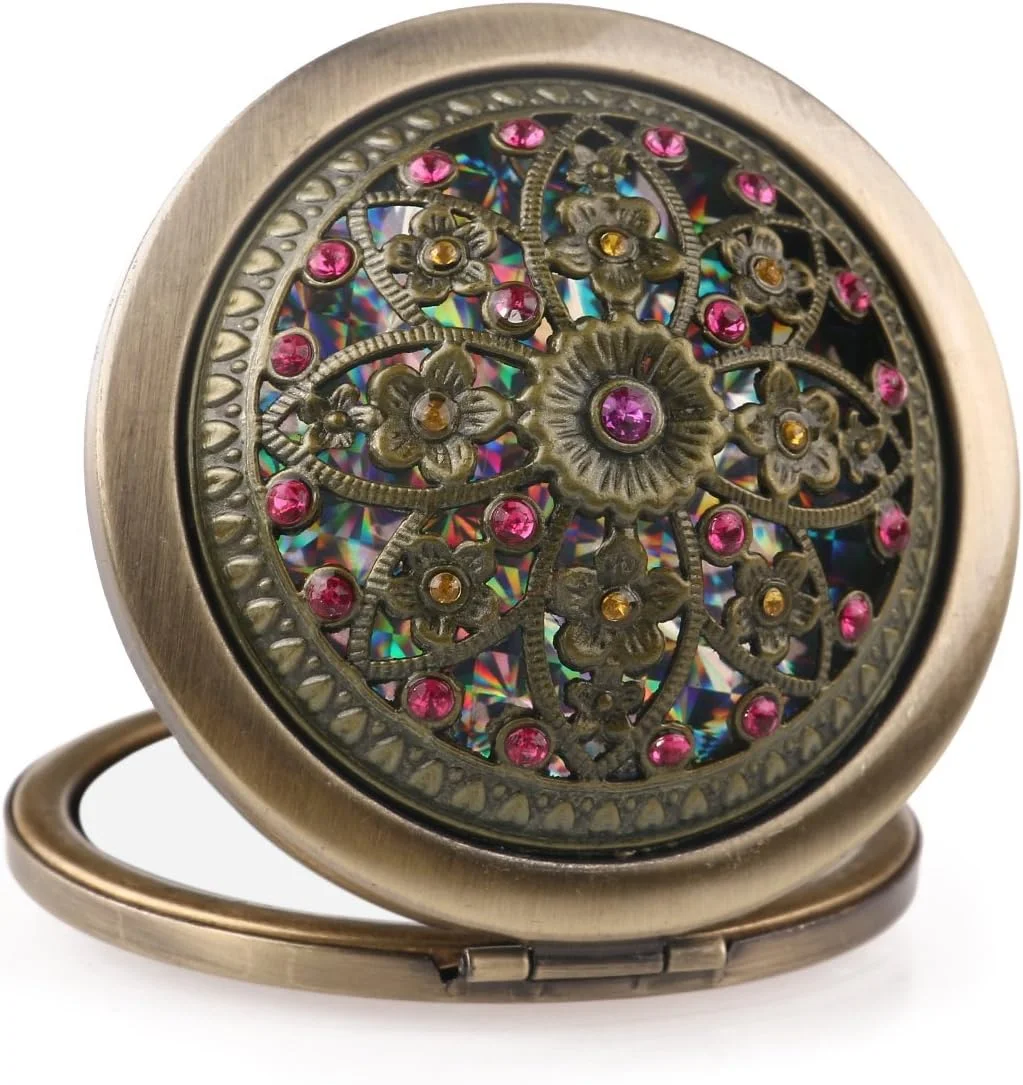 آینه آرایشی مسافرتی دو لایه we3، آینه آرایشی گرد و جمع و جور قابل حمل، آینه جیبی دستی دو طرفه بزرگنمایی (طرح تصادفی) (بسته 1 عددی)