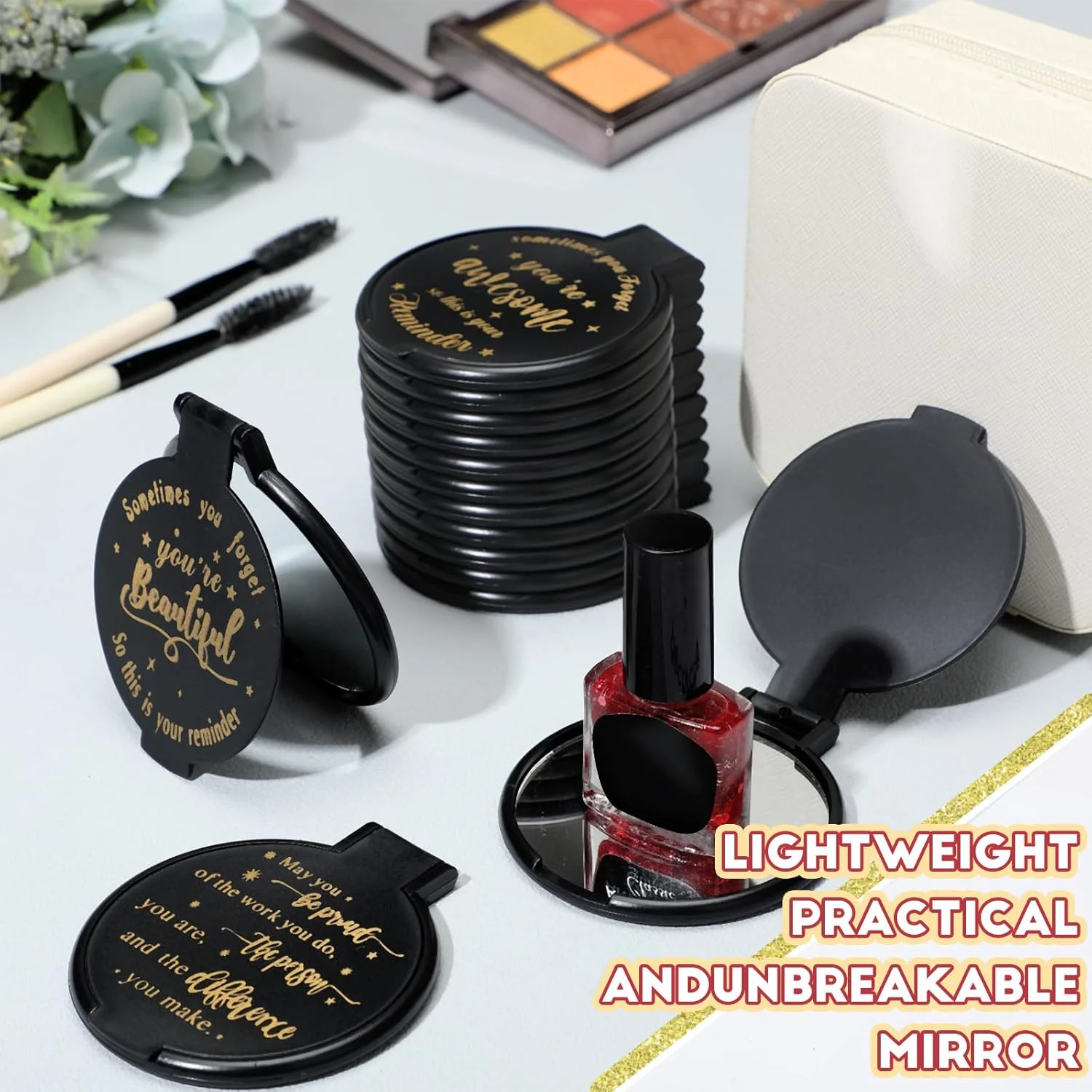 ونکیک 100 عدد آینه جیبی کوچک فشرده با عبارات مثبت الهام بخش، هدیه انگیزشی برای کارمندان، همکاران، مهمانی تولد زنان (مشکی)