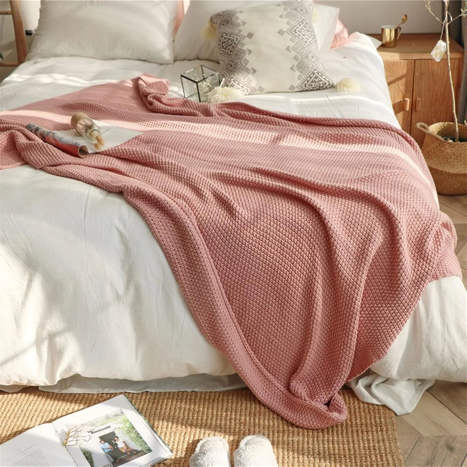 پتو YHUAEE طرح ساده و طبیعی، پتوی بافتنی نفیس برای تخت، روکش مبل دنج، پتوی مسافرتی
