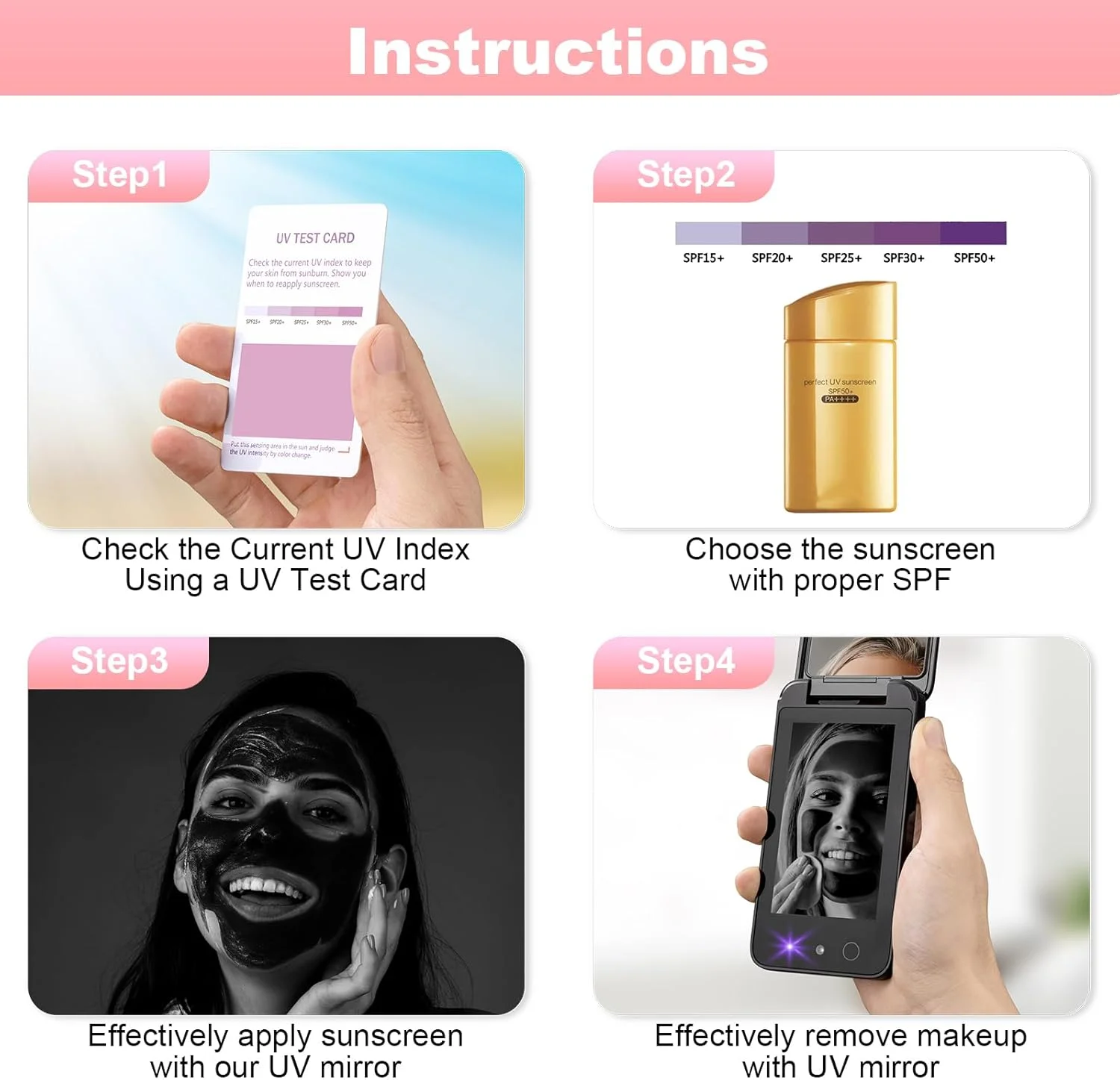 آینه UV فشرده Vanmirr با دوربین UV برای تست ضد آفتاب، آینه مسافرتی قابل شارژ 4 اینچی دو طرفه دستی برای محافظت از پوست