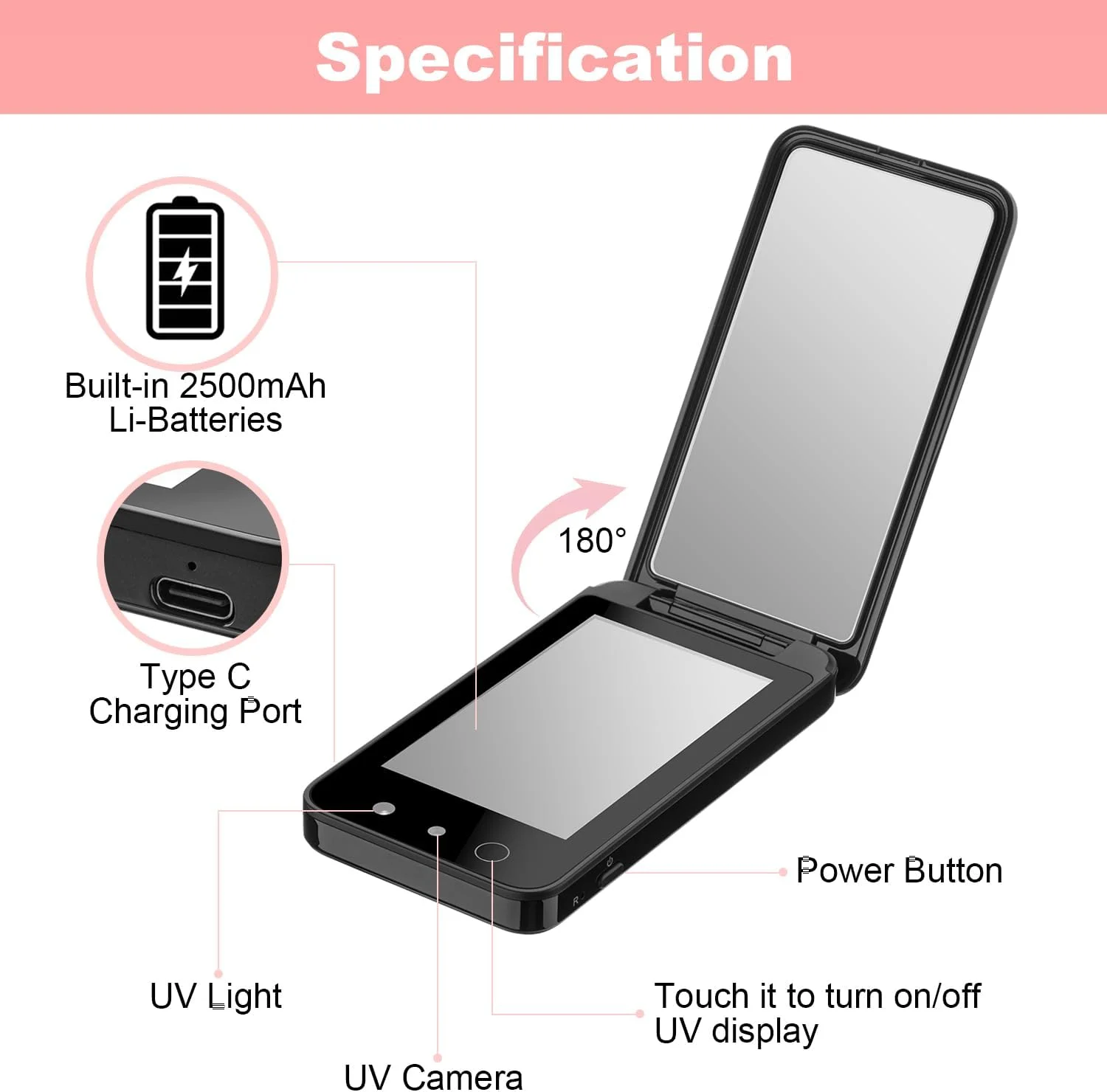 آینه UV فشرده Vanmirr با دوربین UV برای تست ضد آفتاب، آینه مسافرتی قابل شارژ 4 اینچی دو طرفه دستی برای محافظت از پوست
